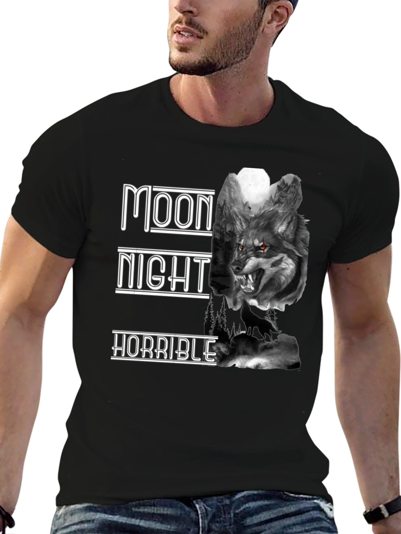 Moon Night Horrible Wolf Graphic T-Shirt