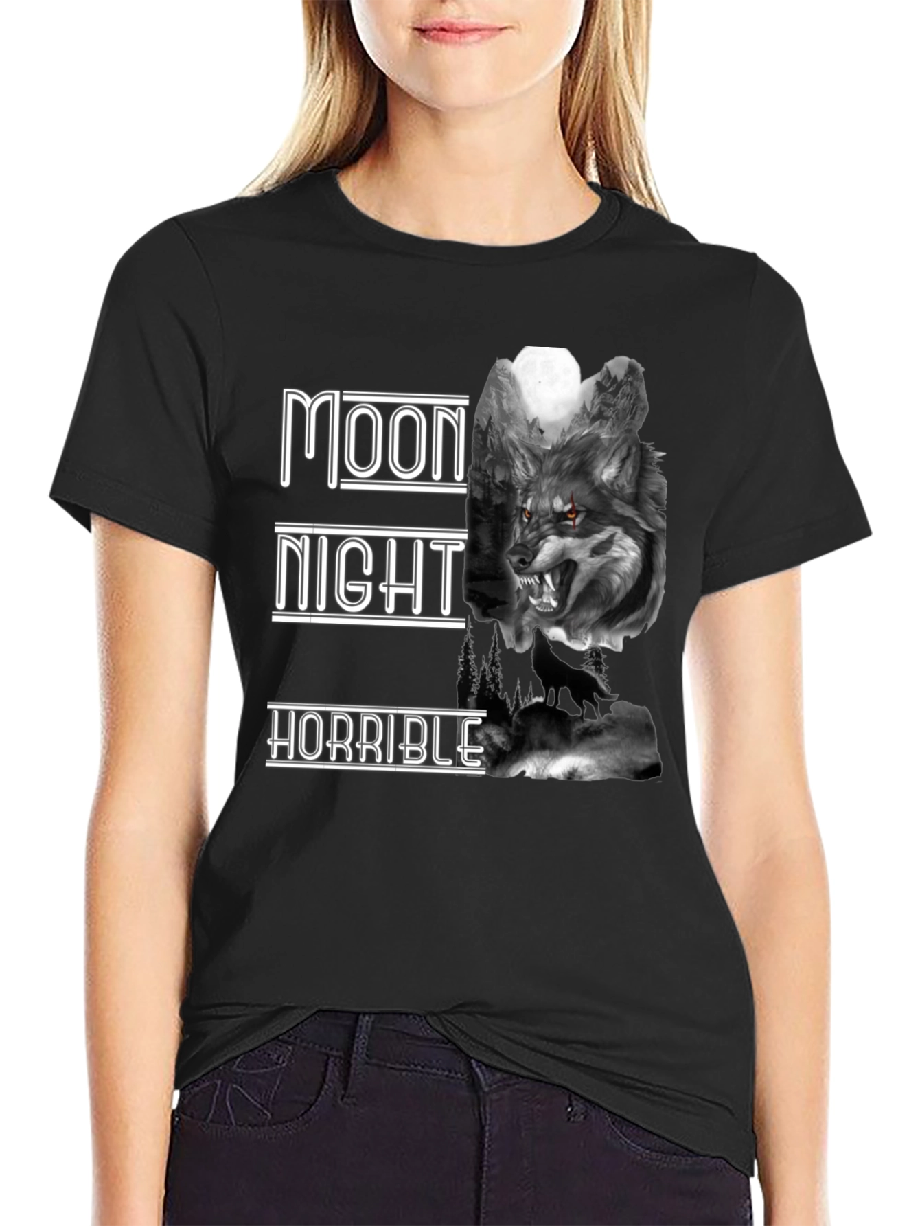 Moon Night Horrible Wolf Graphic T-Shirt