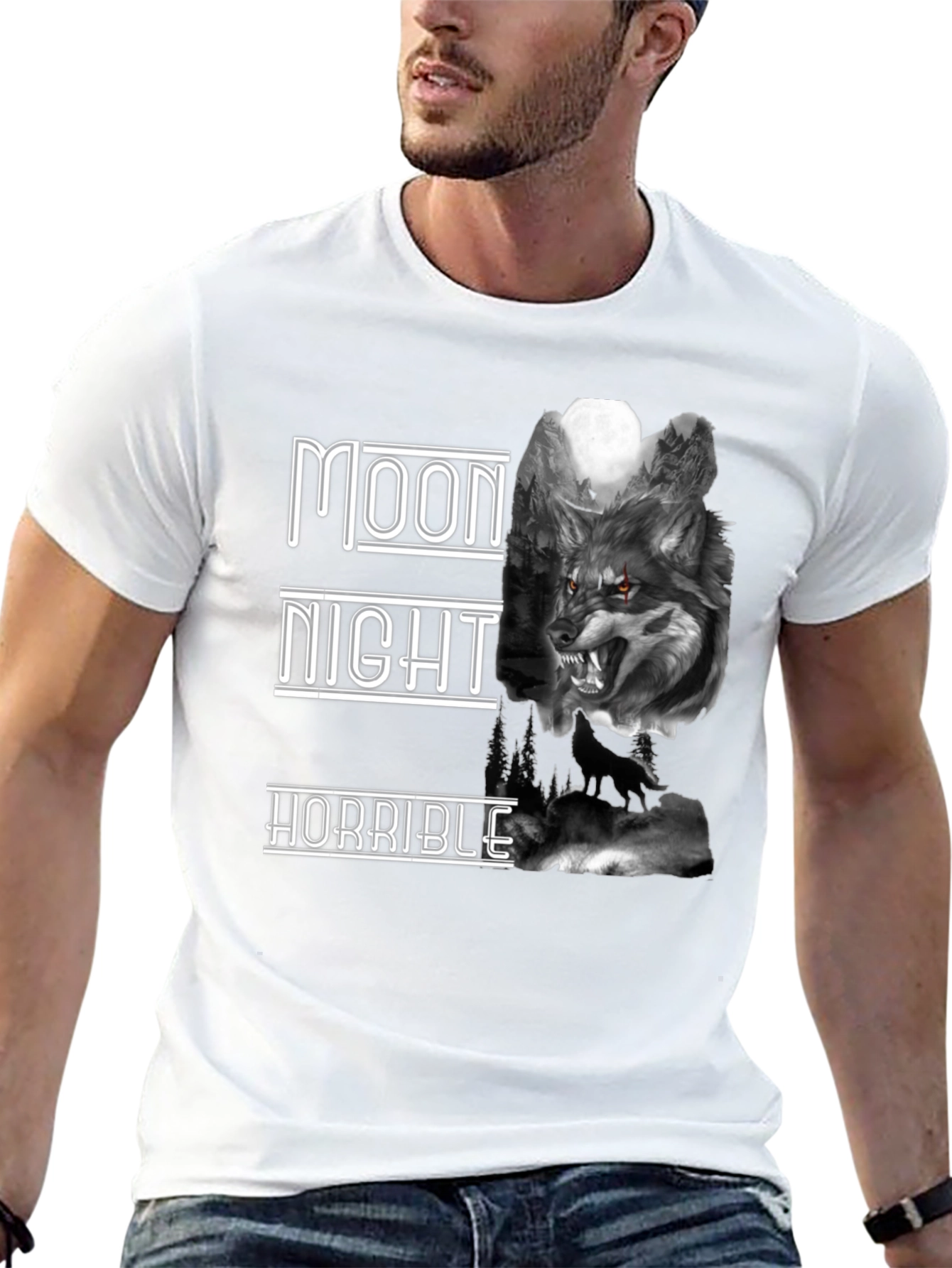 Moon Night Horrible Wolf Graphic T-Shirt