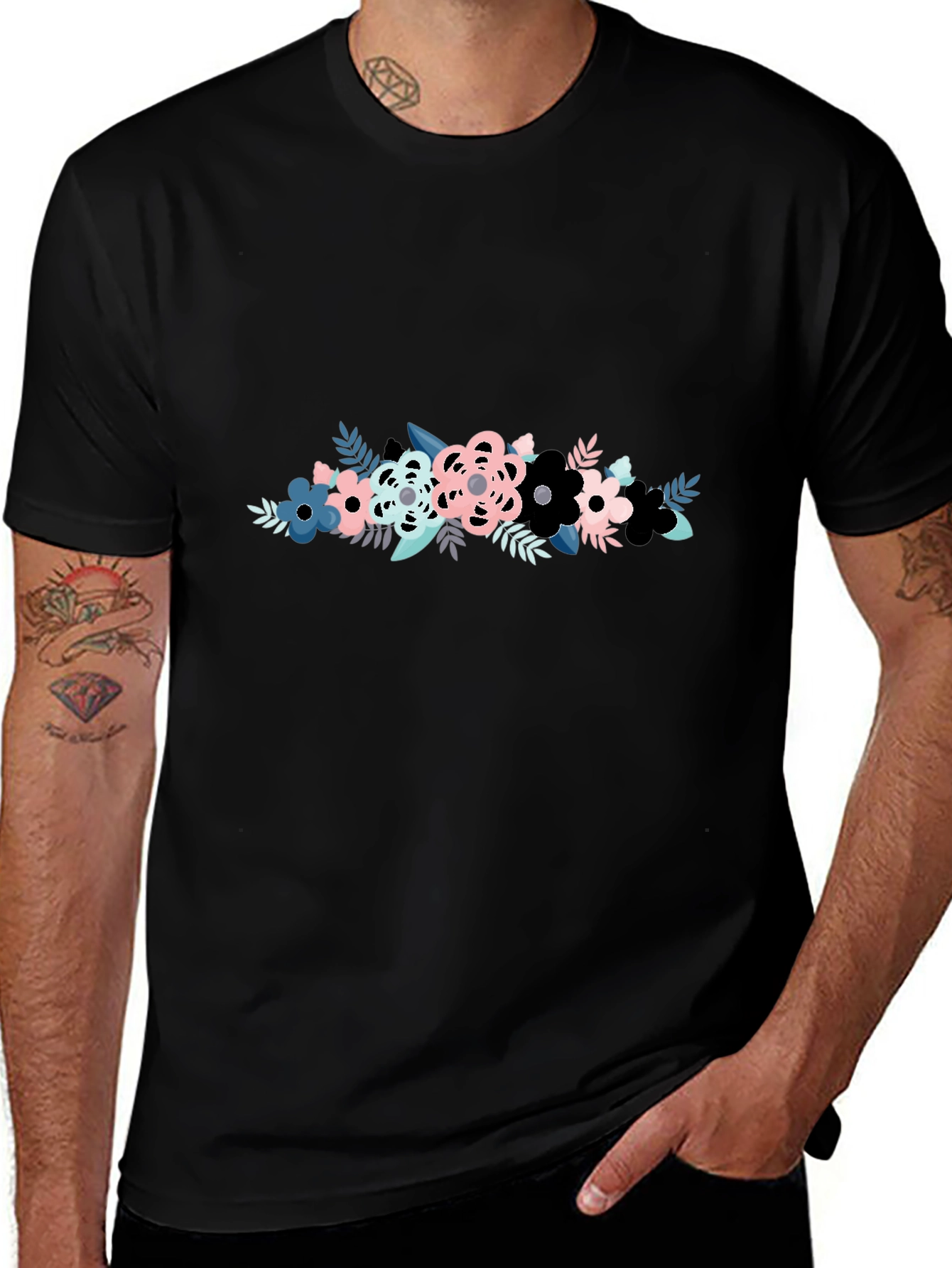 Floral Graphic Print Mens Black T-Shirt