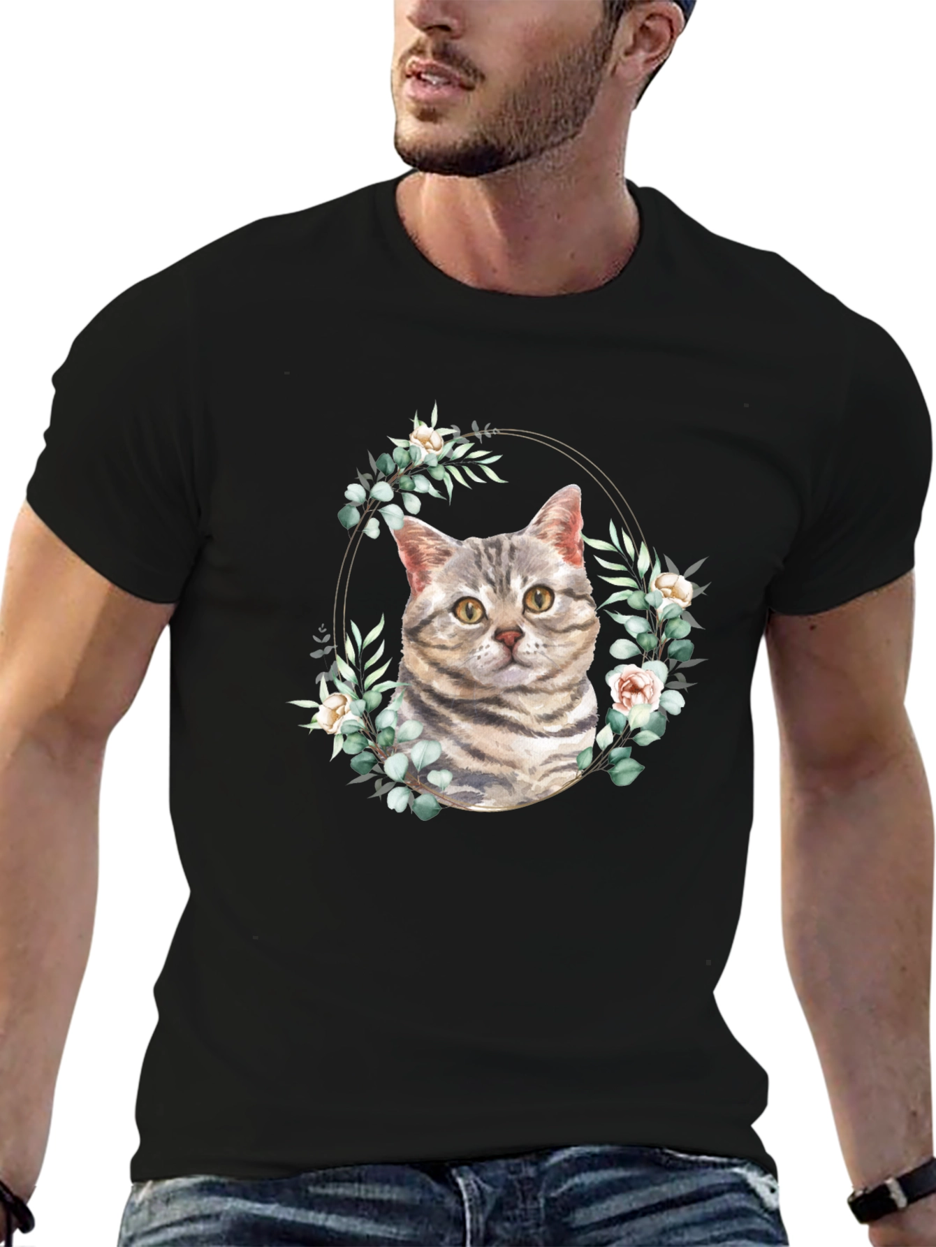 Cat & Floral Wreath Graphic Tee