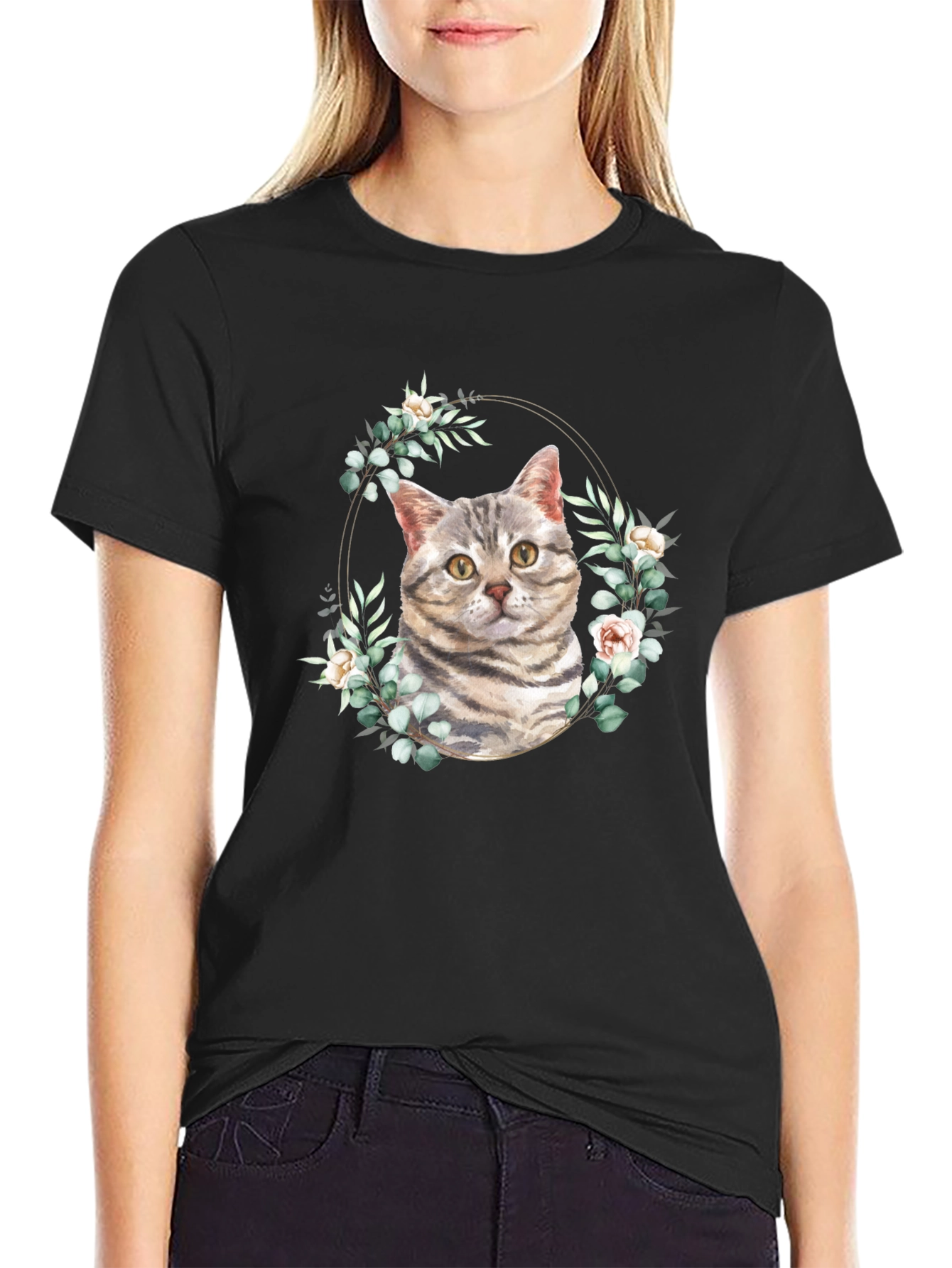 Cat & Floral Wreath Graphic Tee