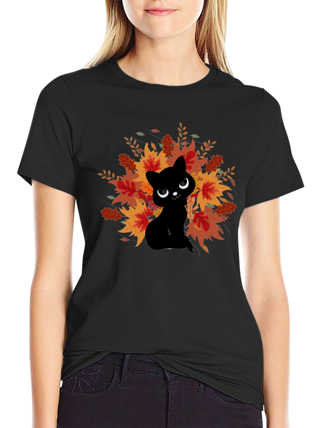 Autumn Cat Graphic Tee - Black Cotton Comfort