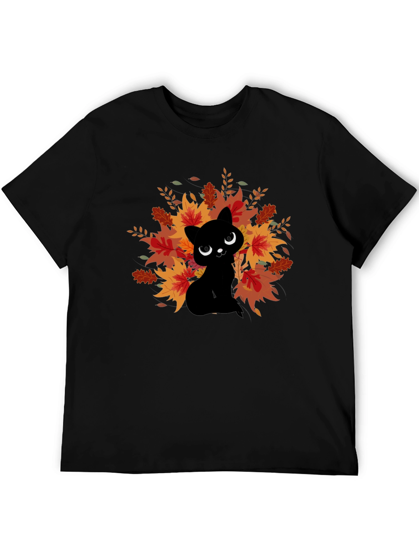 Autumn Cat Graphic Tee - Black Cotton Comfort