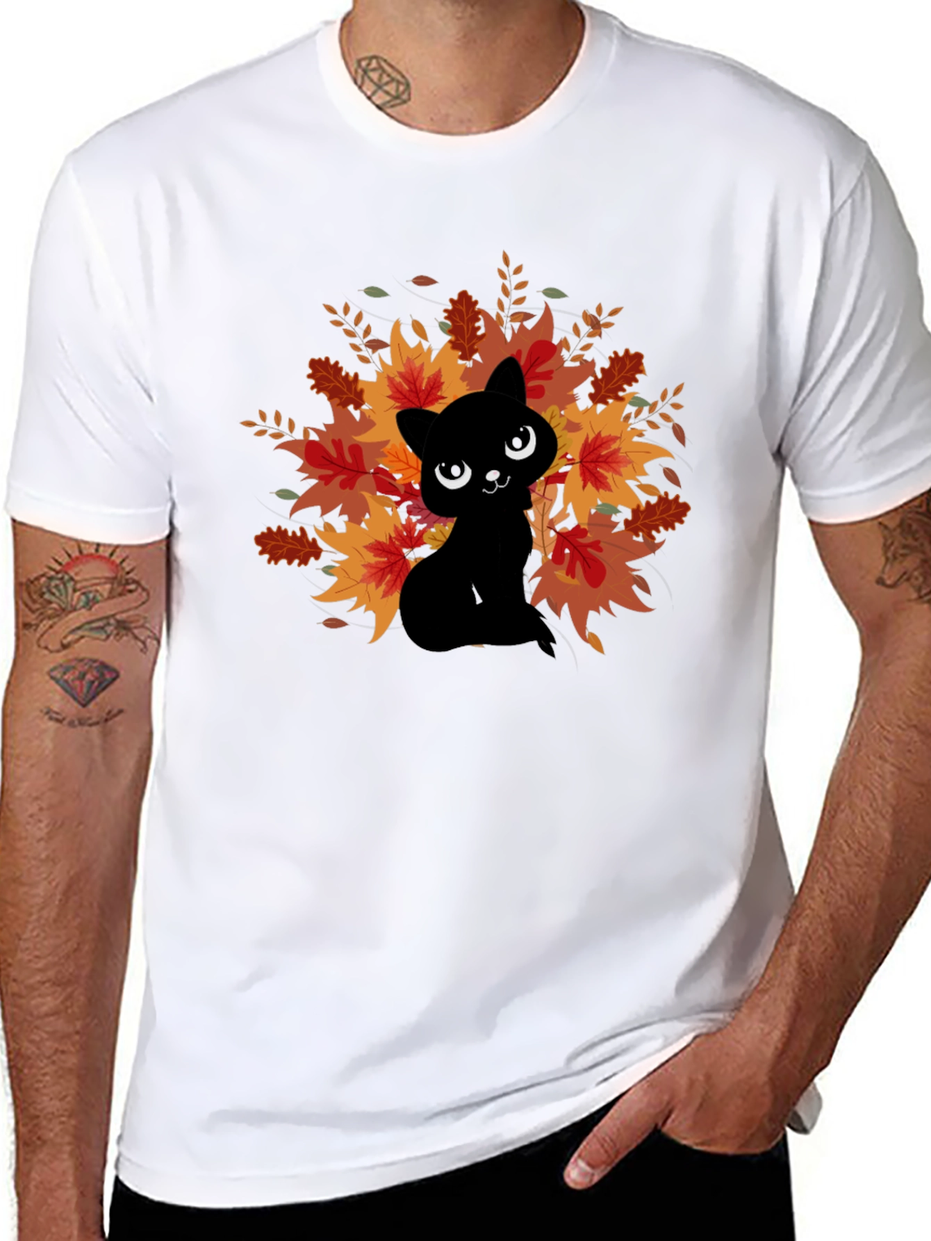 Autumn Cat Graphic Tee - Black Cotton Comfort