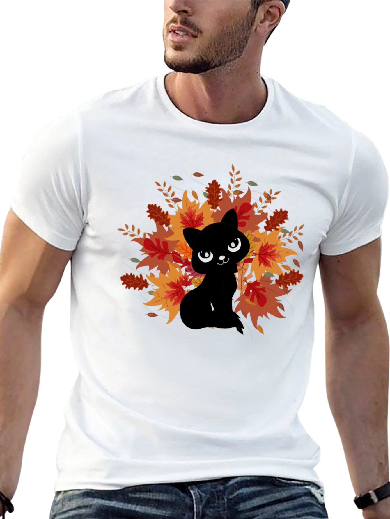 Autumn Cat Graphic Tee - Black Cotton Comfort