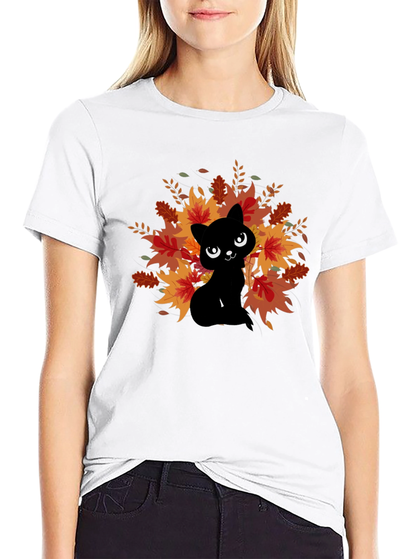 Autumn Cat Graphic Tee - Black Cotton Comfort