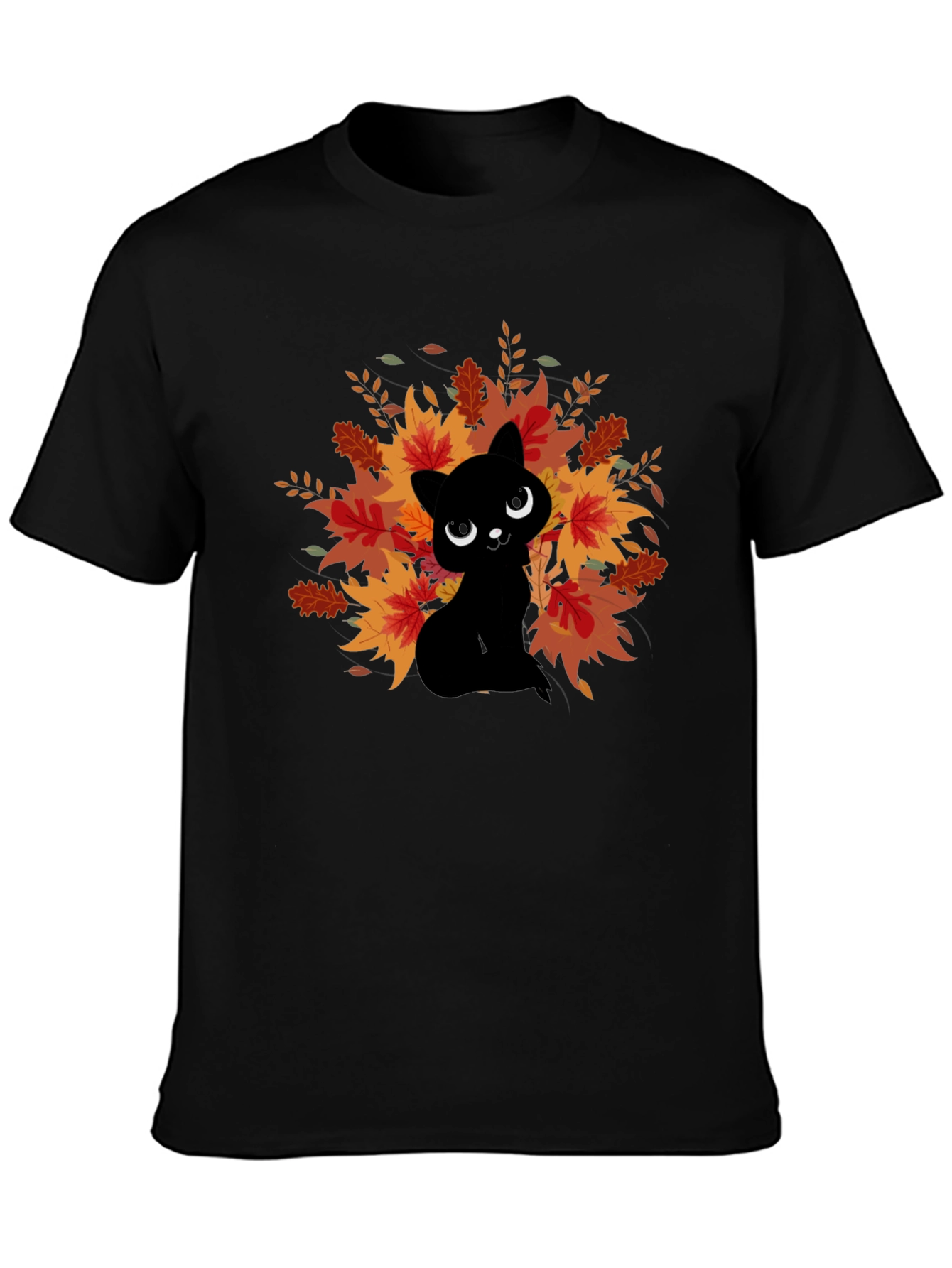 Autumn Cat Graphic Tee - Black Cotton Comfort