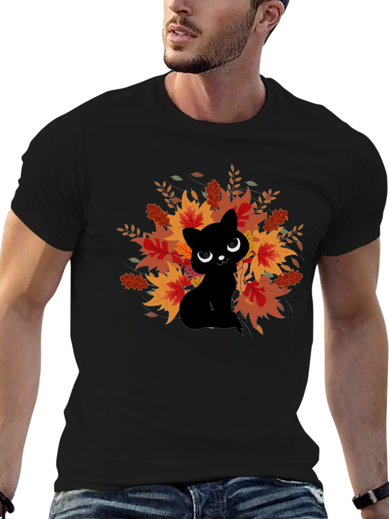 Autumn Cat Graphic Tee - Black Cotton Comfort