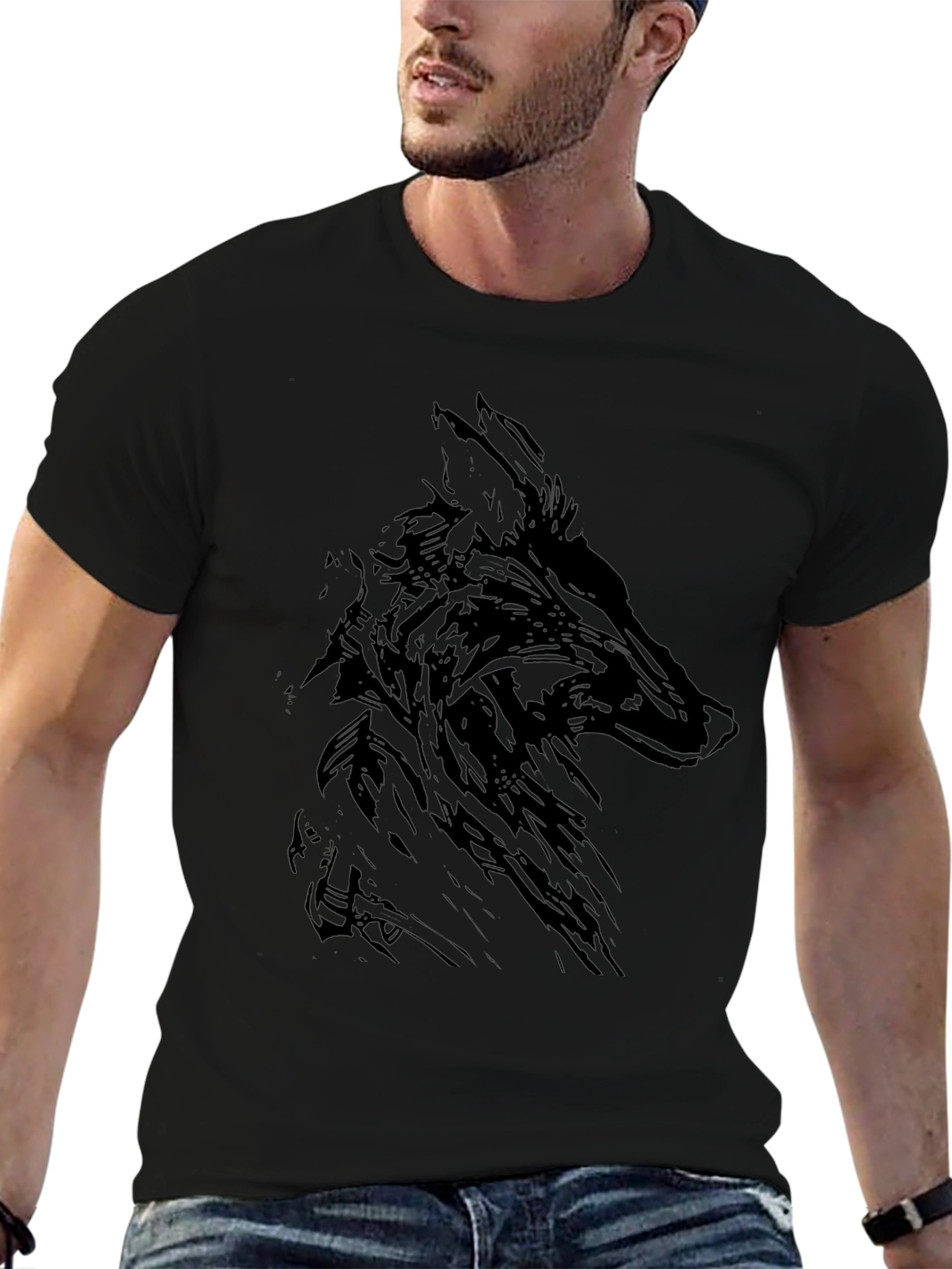 Mens Black Wolf Graphic Print T-Shirt