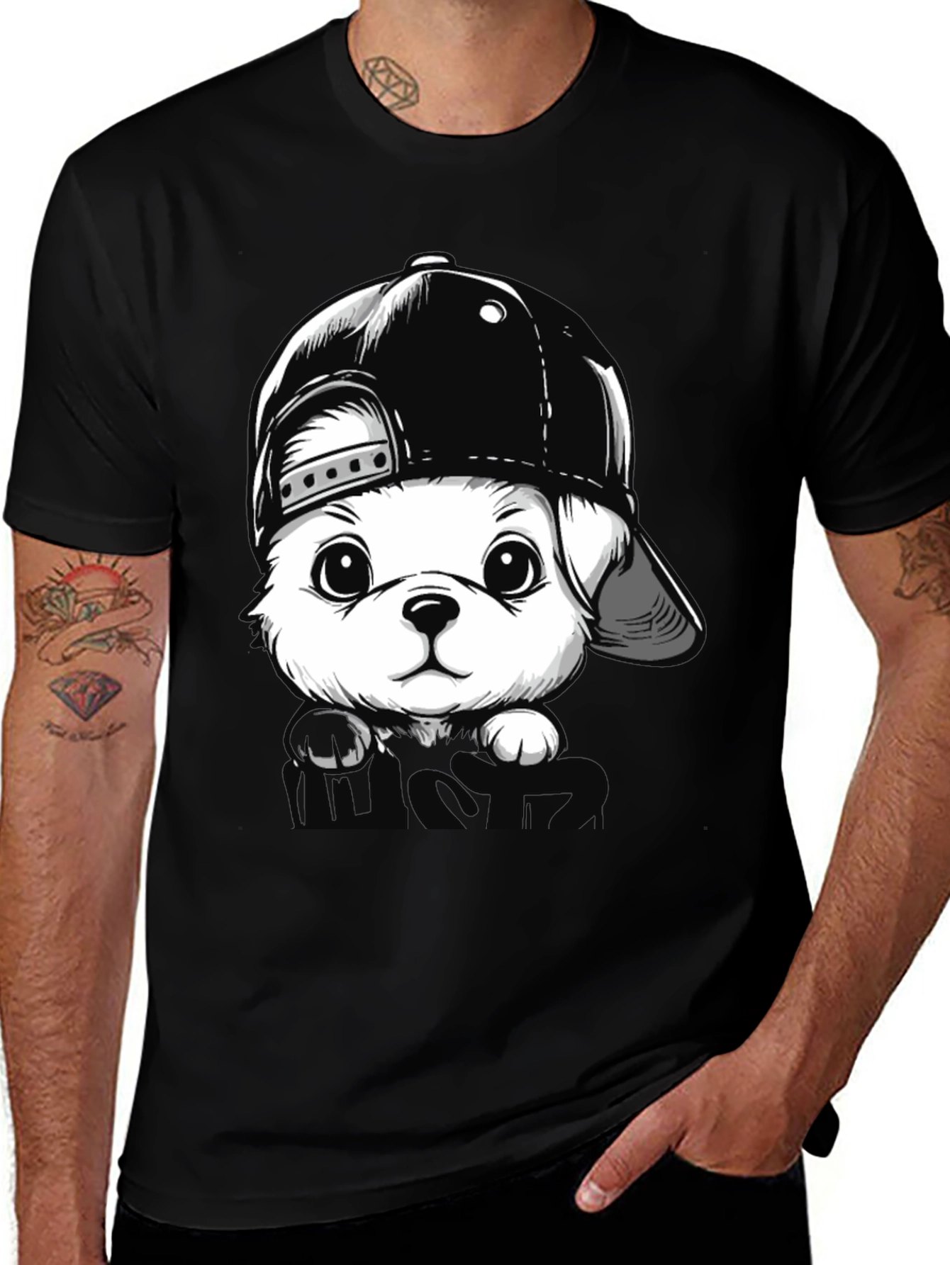 Dog with Hat Black T-Shirt