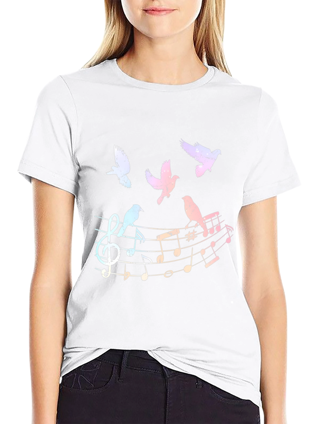 Musical Birds Graphic Tee - Black Cotton Shirt
