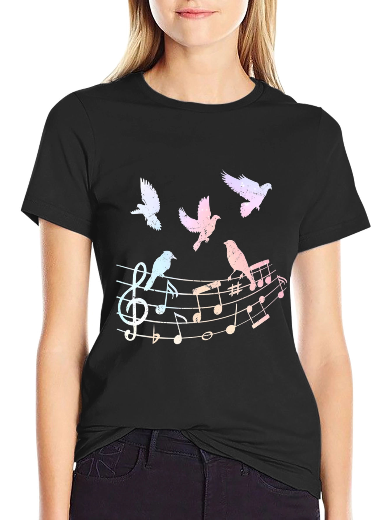 Musical Birds Graphic Tee - Black Cotton Shirt