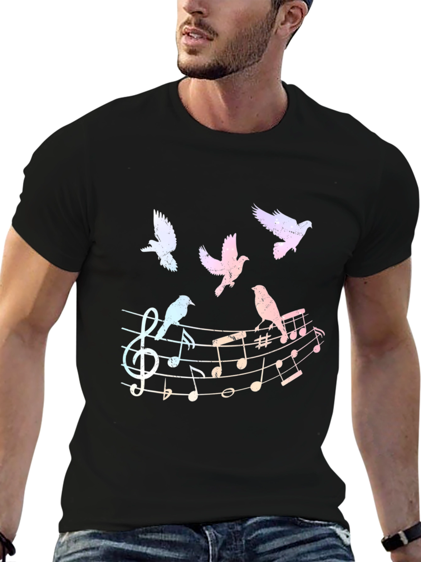 Musical Birds Graphic Tee - Black Cotton Shirt