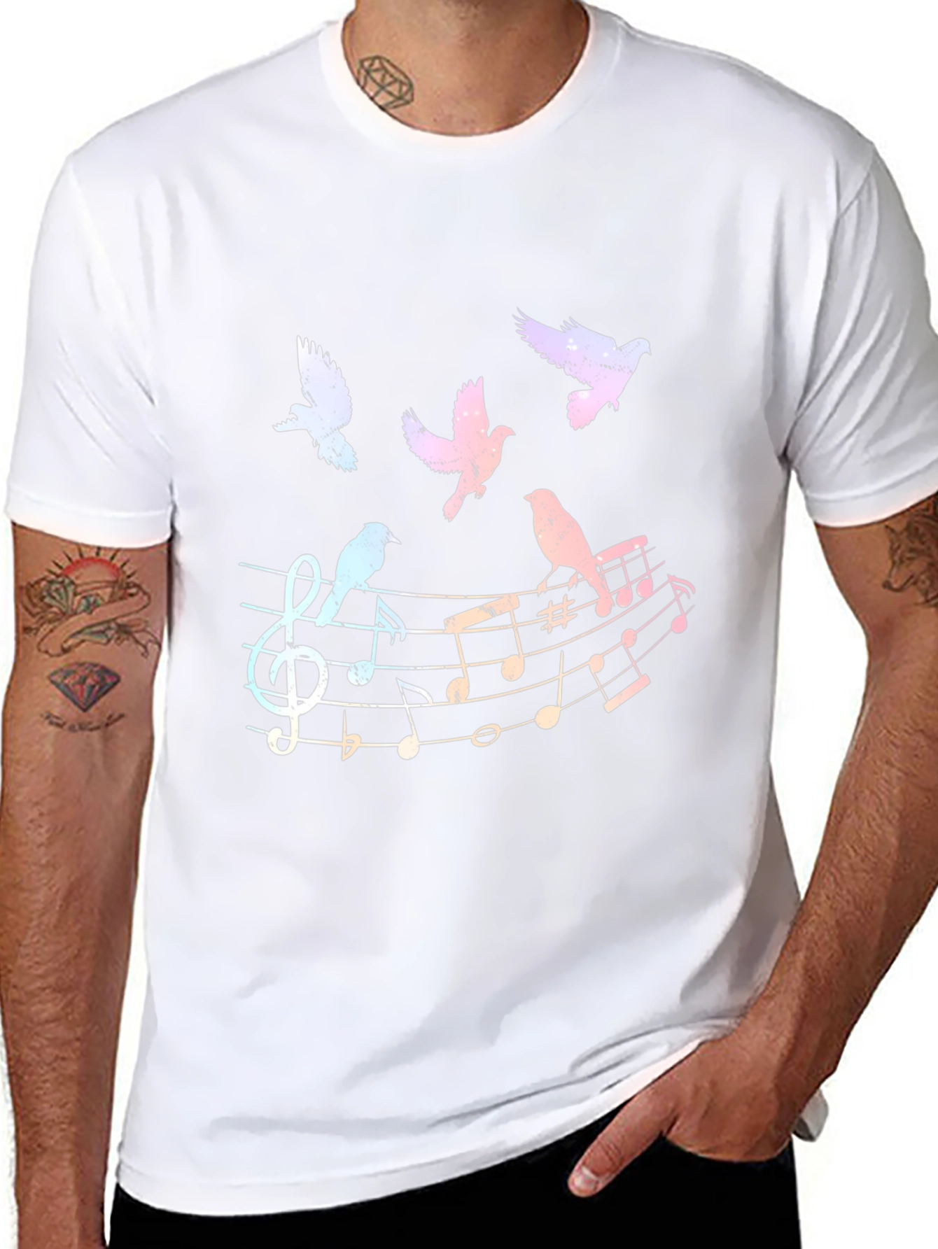 Musical Birds Graphic Tee - Black Cotton Shirt