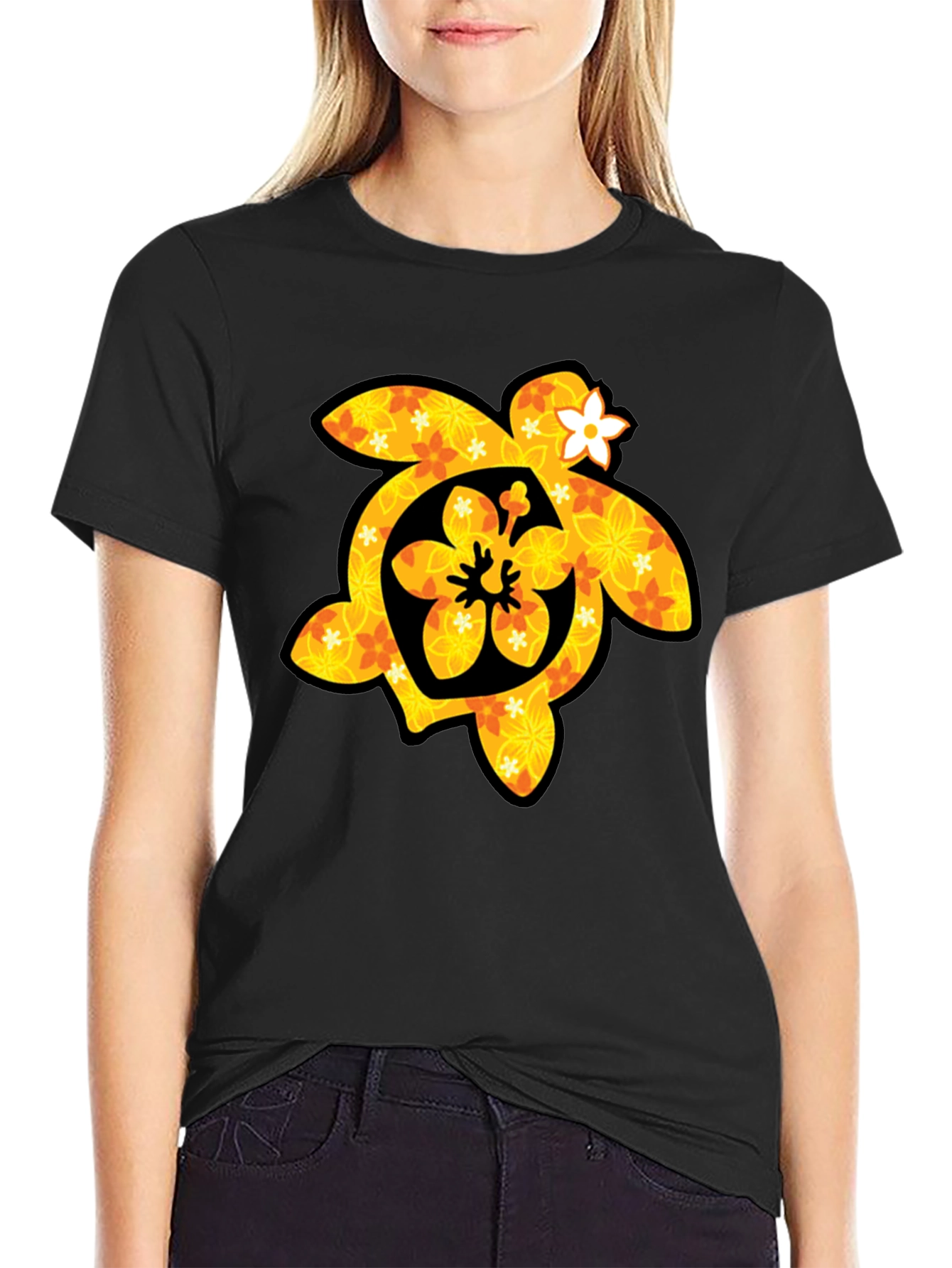 Floral Turtle Graphic Tee - Black Cotton T-Shirt