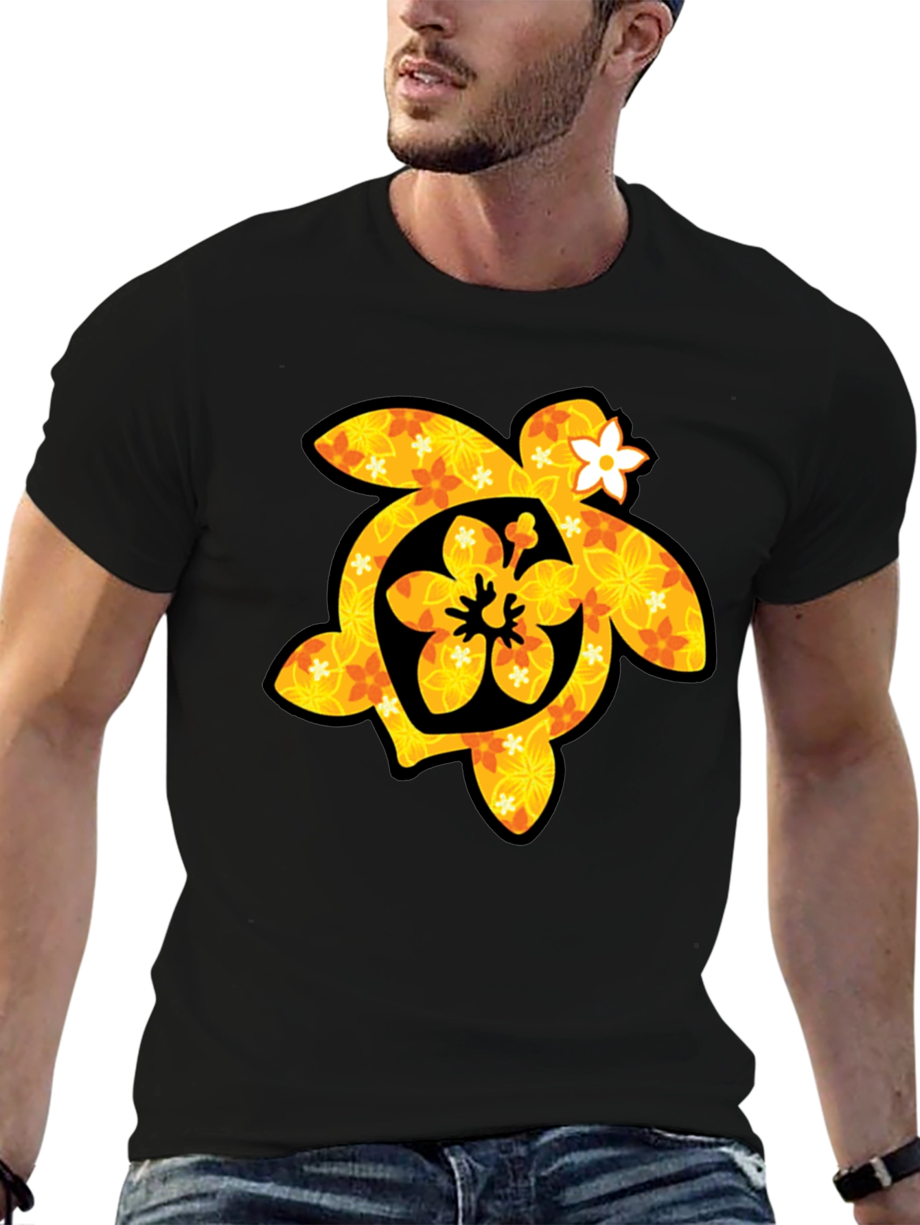 Floral Turtle Graphic Tee - Black Cotton T-Shirt