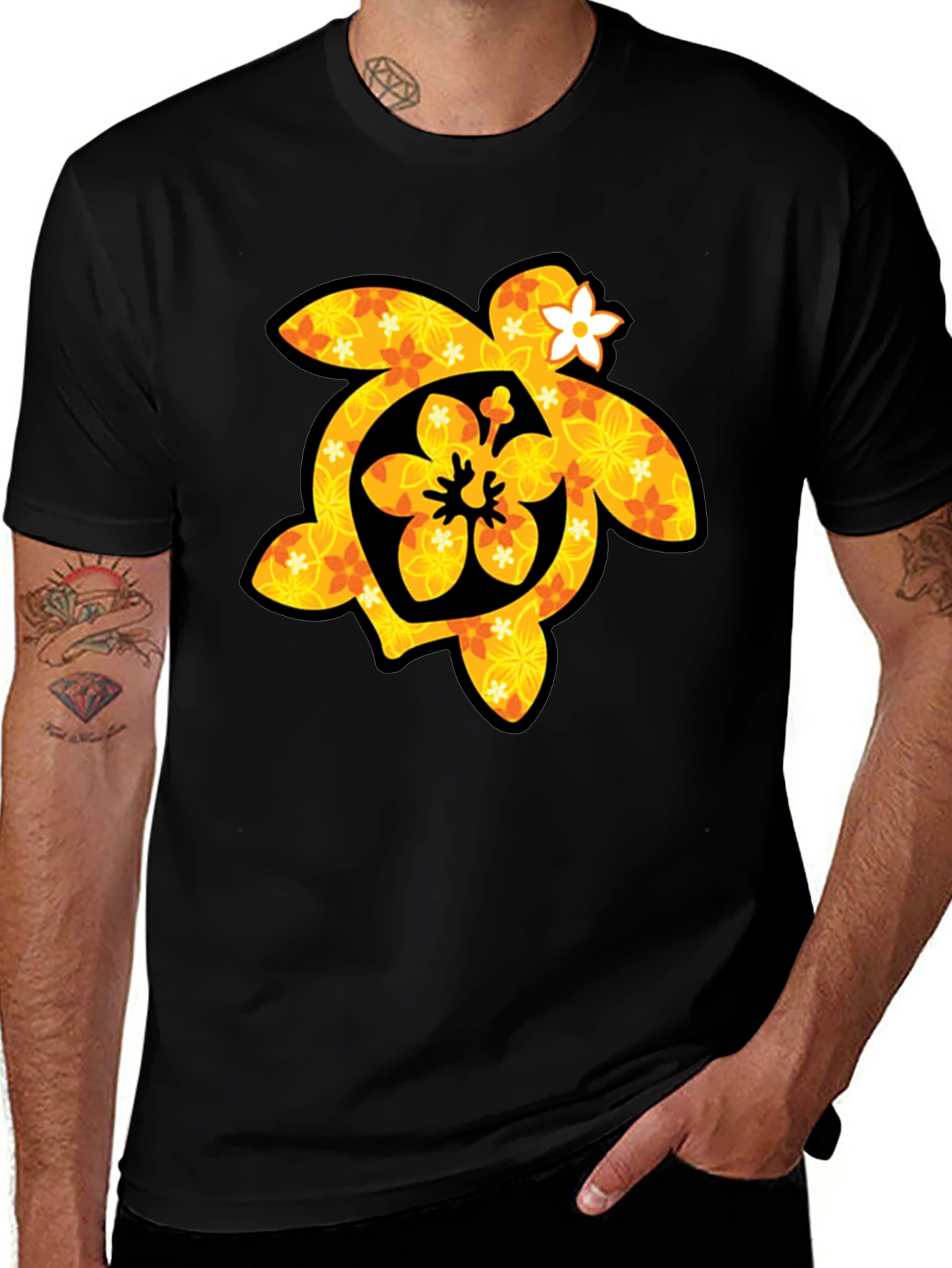 Floral Turtle Graphic Tee - Black Cotton T-Shirt