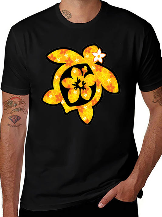 Floral Turtle Graphic Tee - Black Cotton T-Shirt