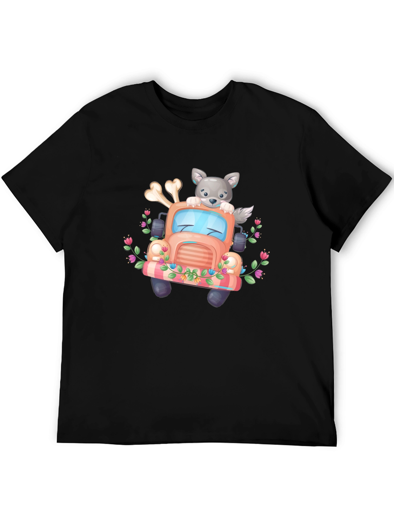 Cute Wolf Truck Graphic Tee - Black T-Shirt