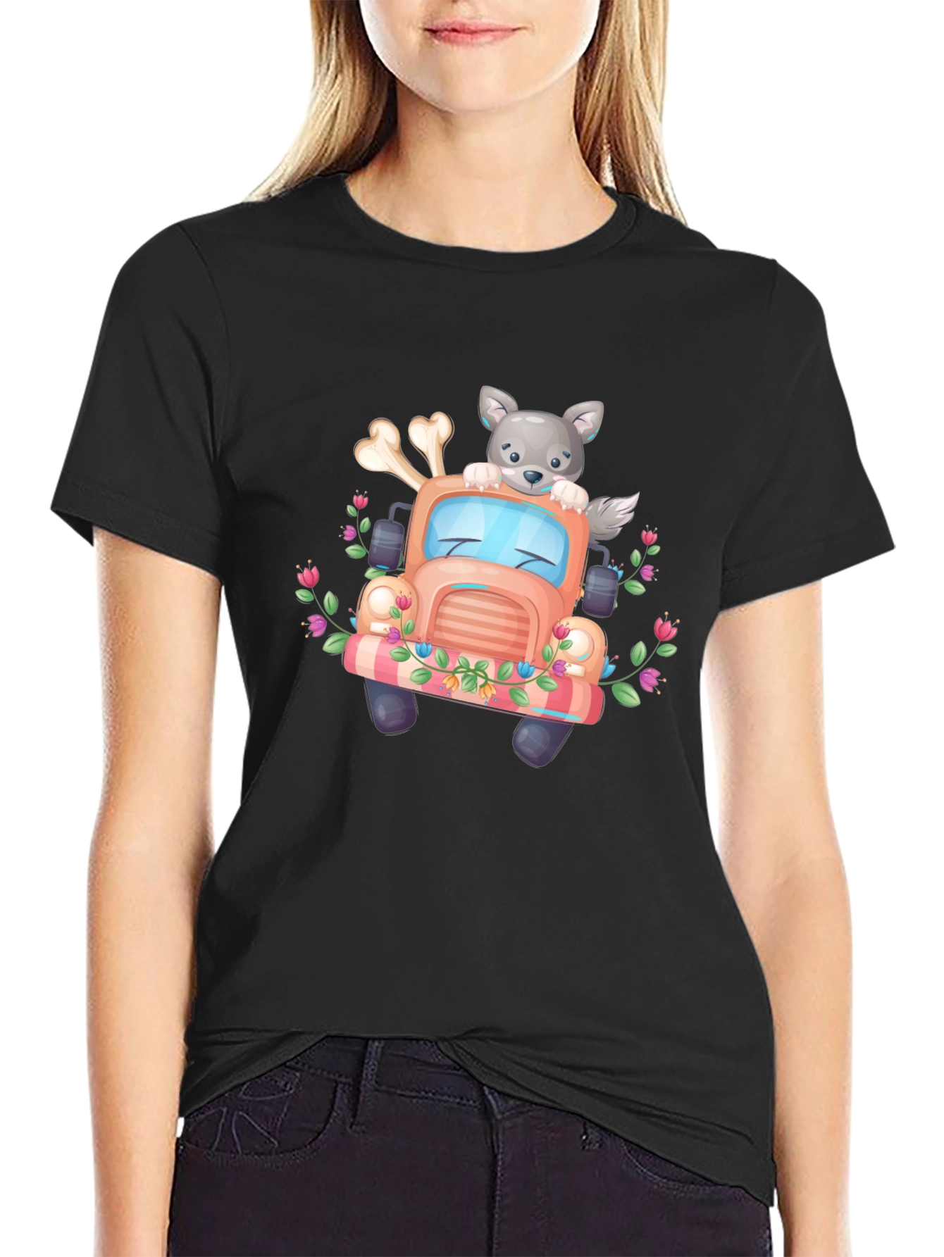 Cute Wolf Truck Graphic Tee - Black T-Shirt