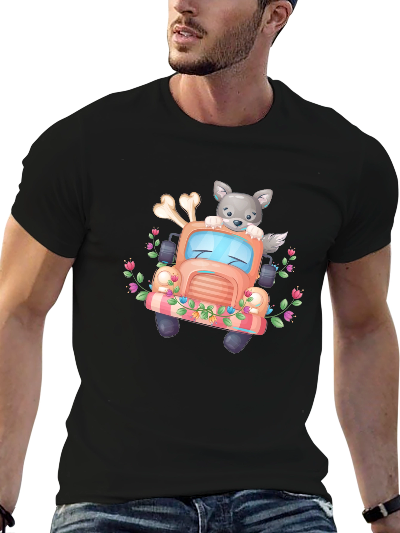 Cute Wolf Truck Graphic Tee - Black T-Shirt