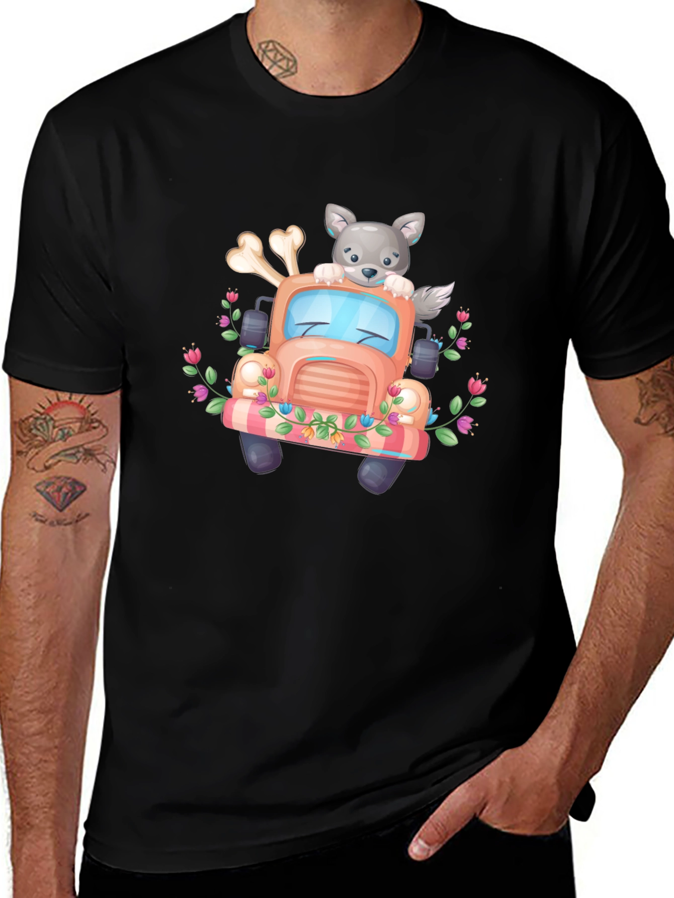 Cute Wolf Truck Graphic Tee - Black T-Shirt