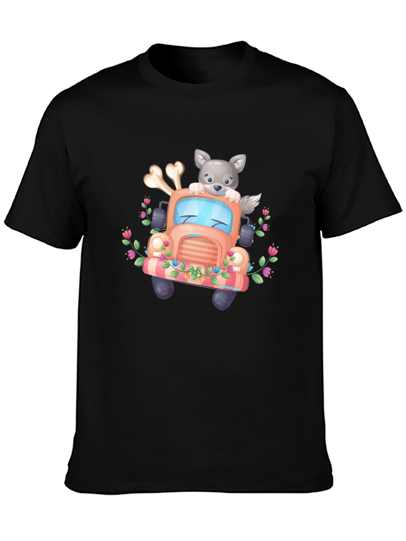 Cute Wolf Truck Graphic Tee - Black T-Shirt