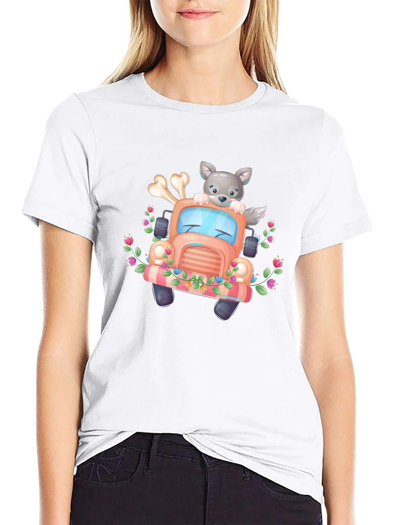 Cute Wolf Truck Graphic Tee - Black T-Shirt