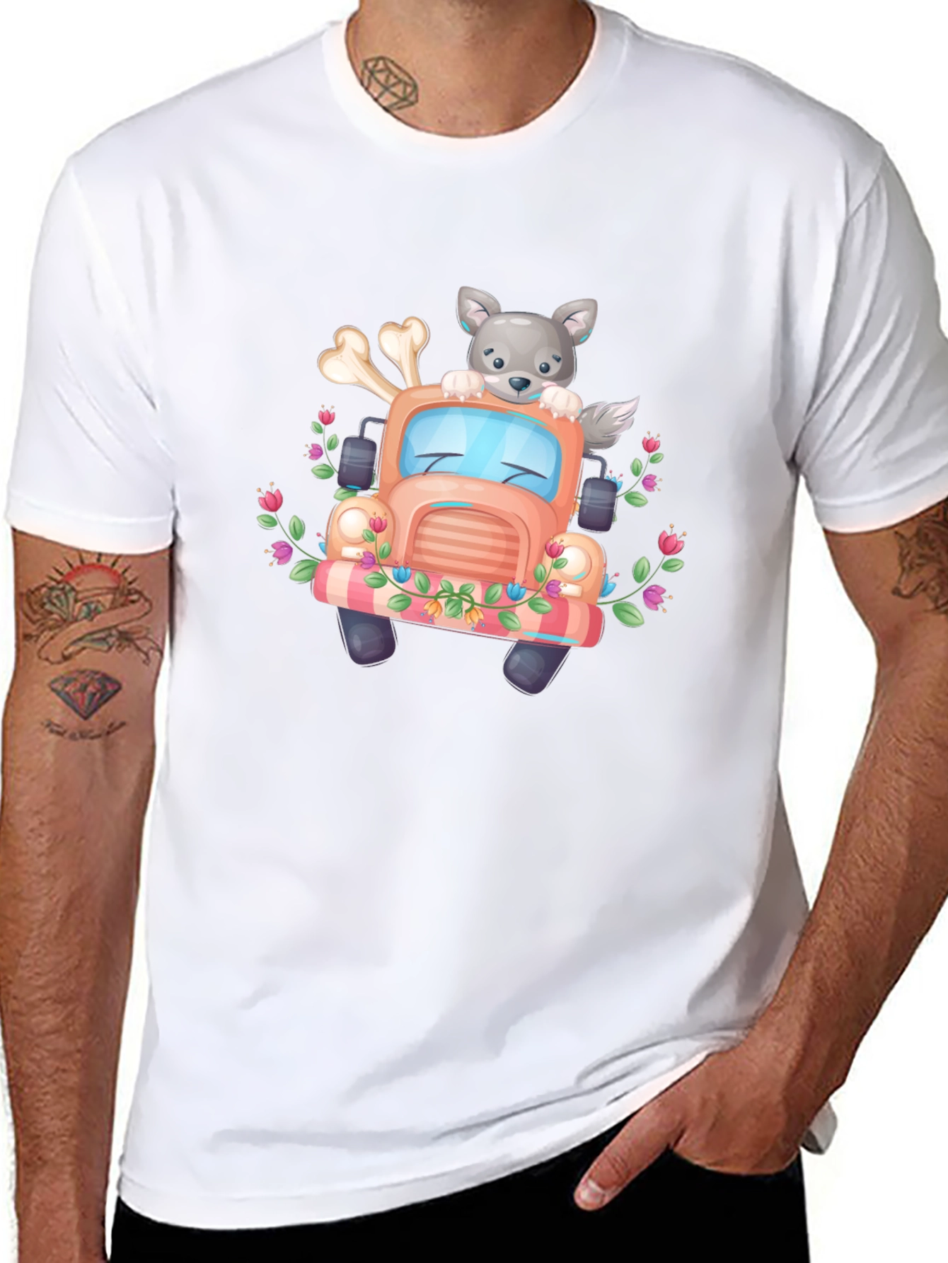 Cute Wolf Truck Graphic Tee - Black T-Shirt