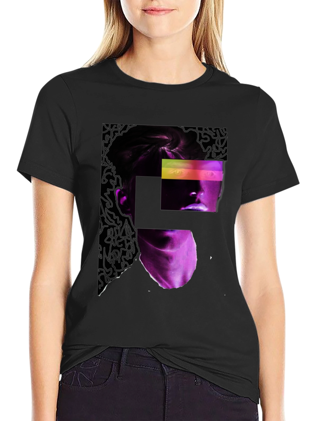 Abstract Neon Portrait Black T-Shirt