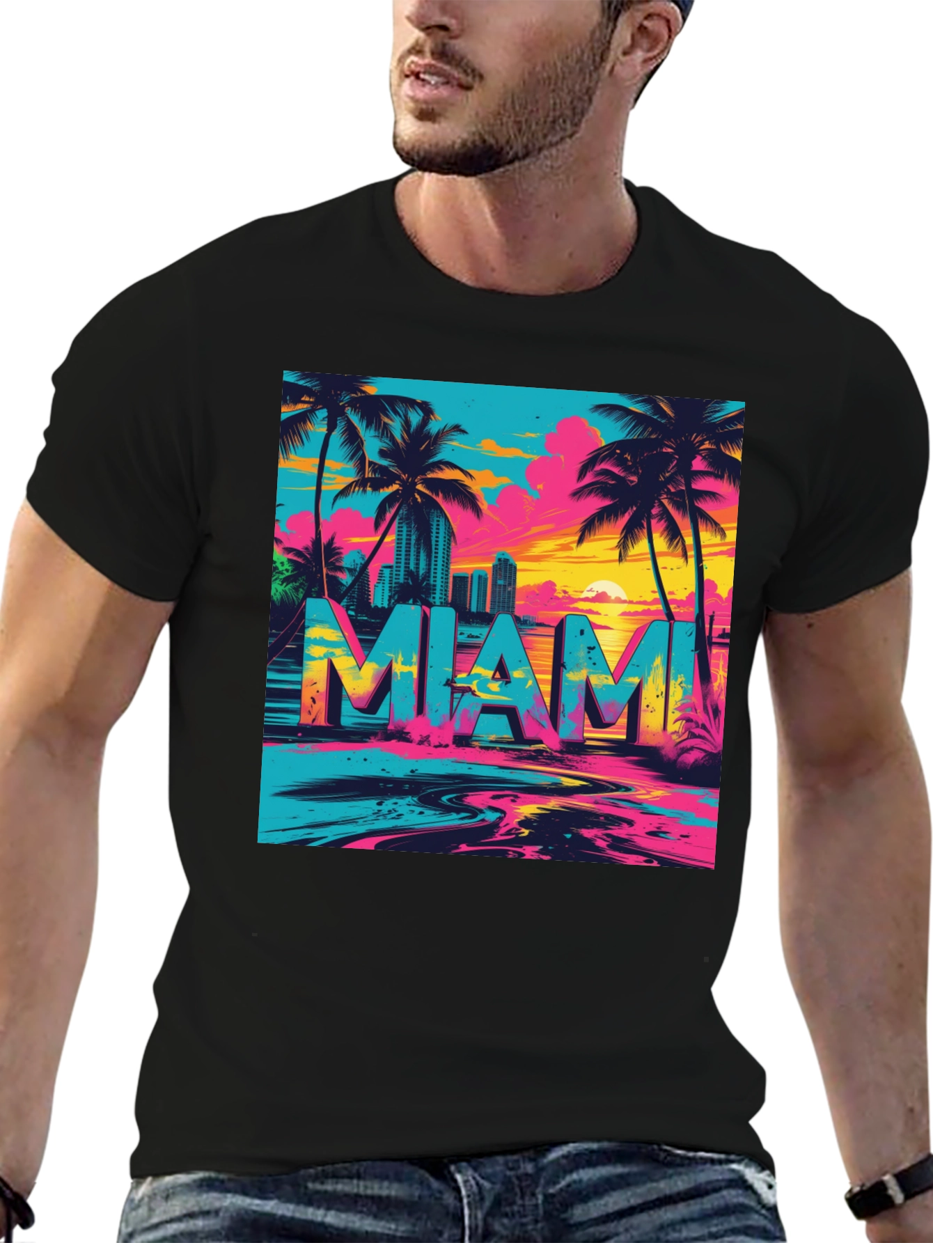 Miami Graphic Print Black T-Shirt
