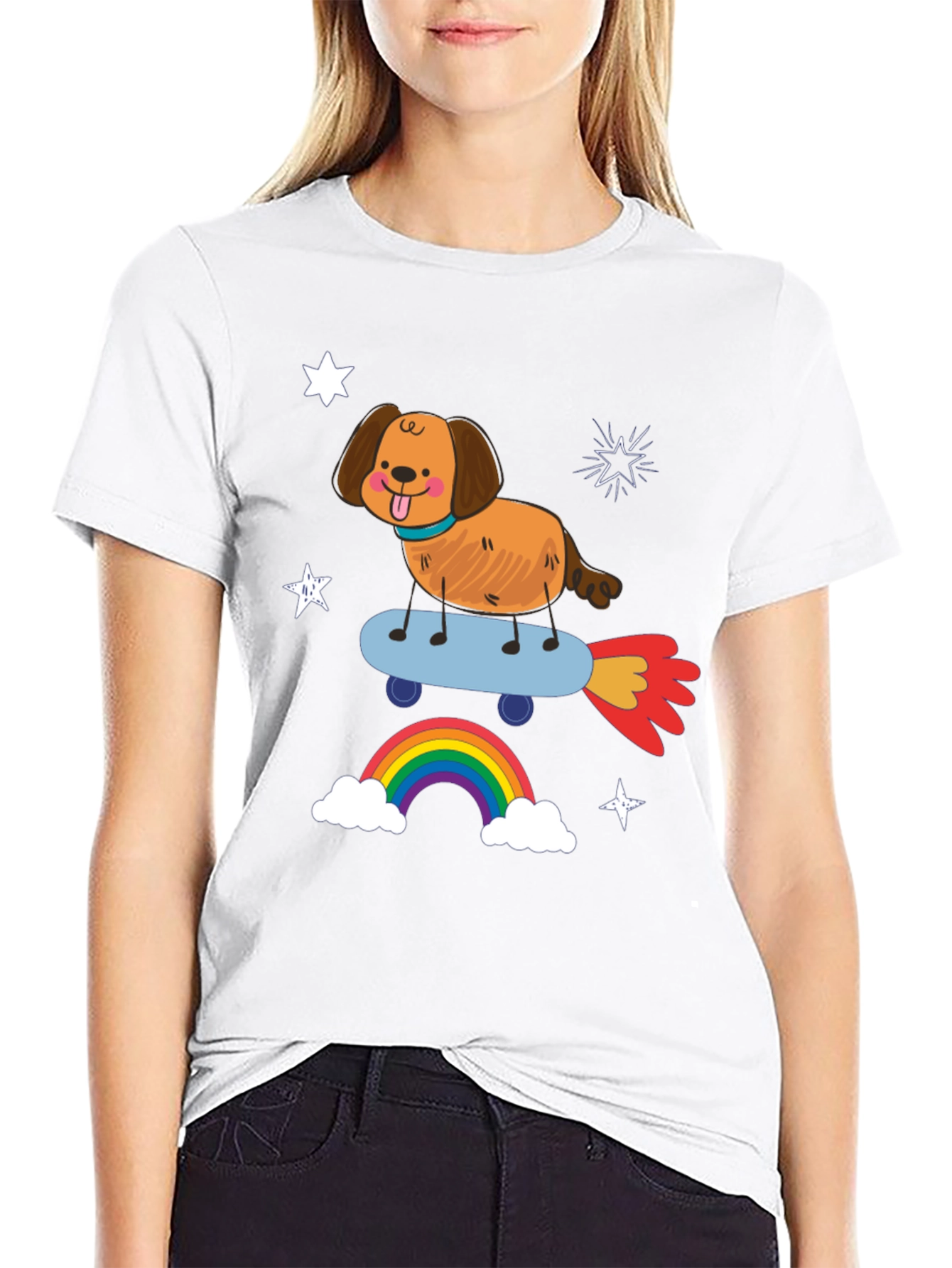 Dog on Skateboard T-Shirt - Fun Rainbow Design