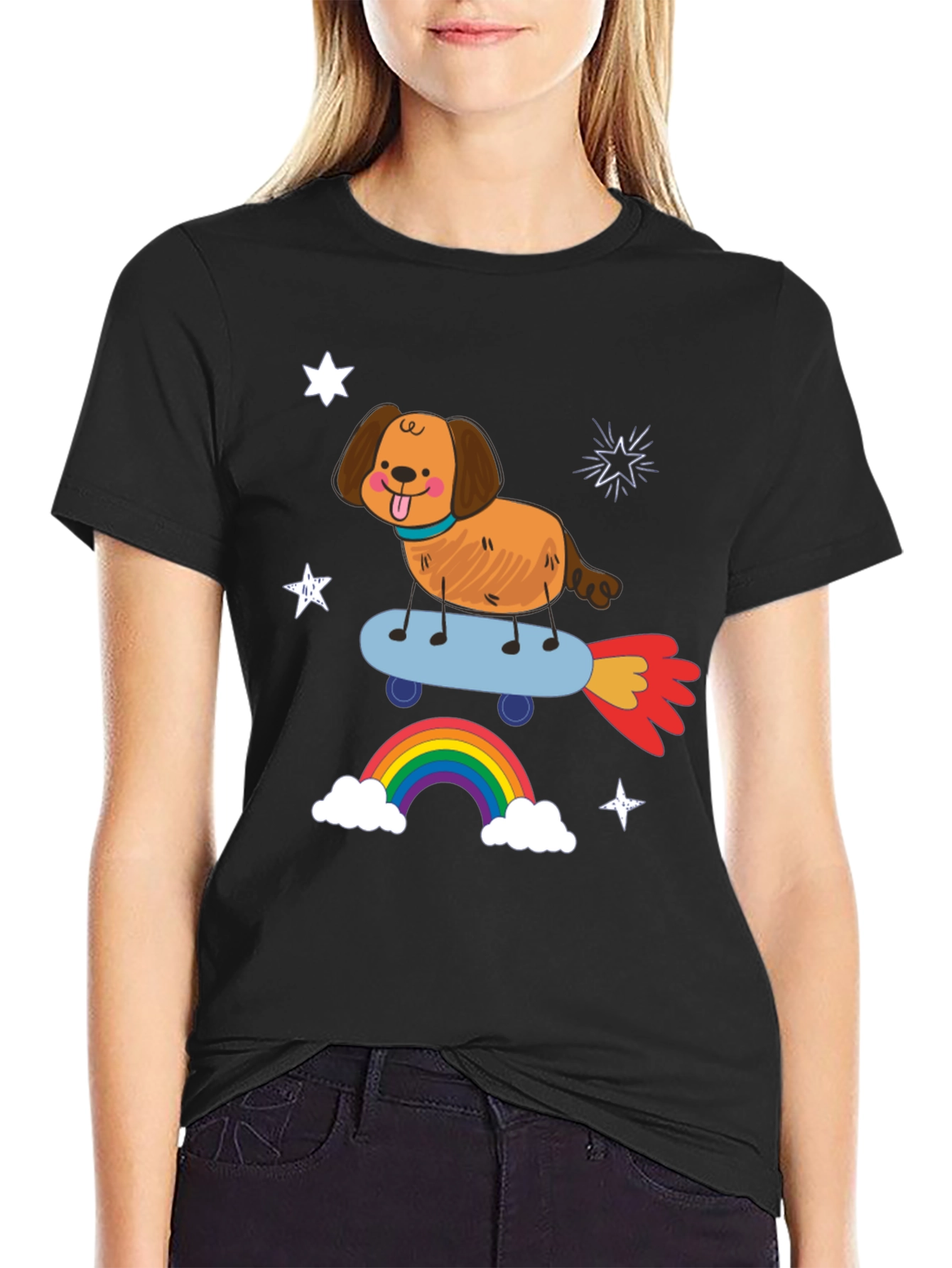 Dog on Skateboard T-Shirt - Fun Rainbow Design