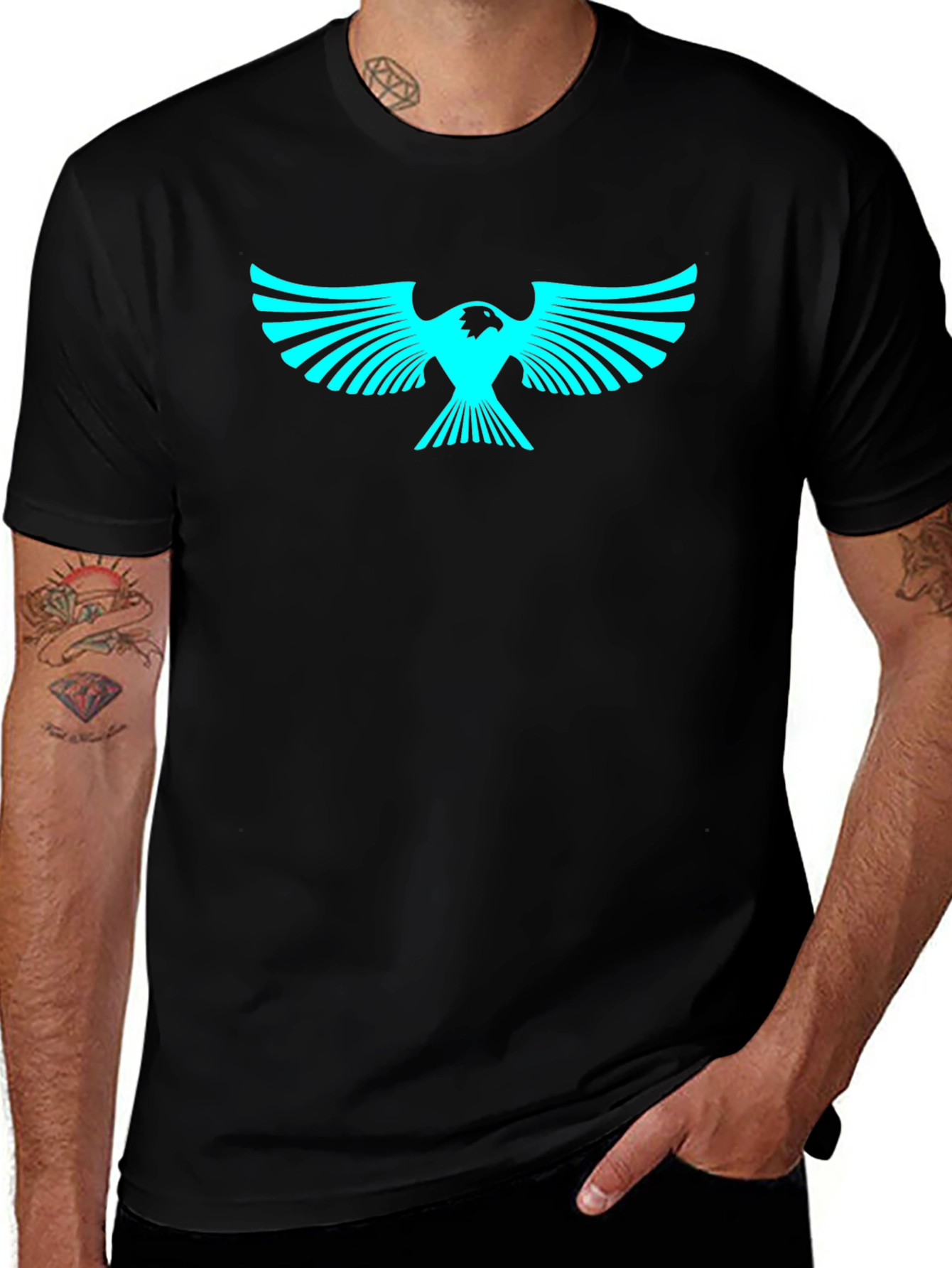 Cool Graphic Tee: Cyan Eagle on Black