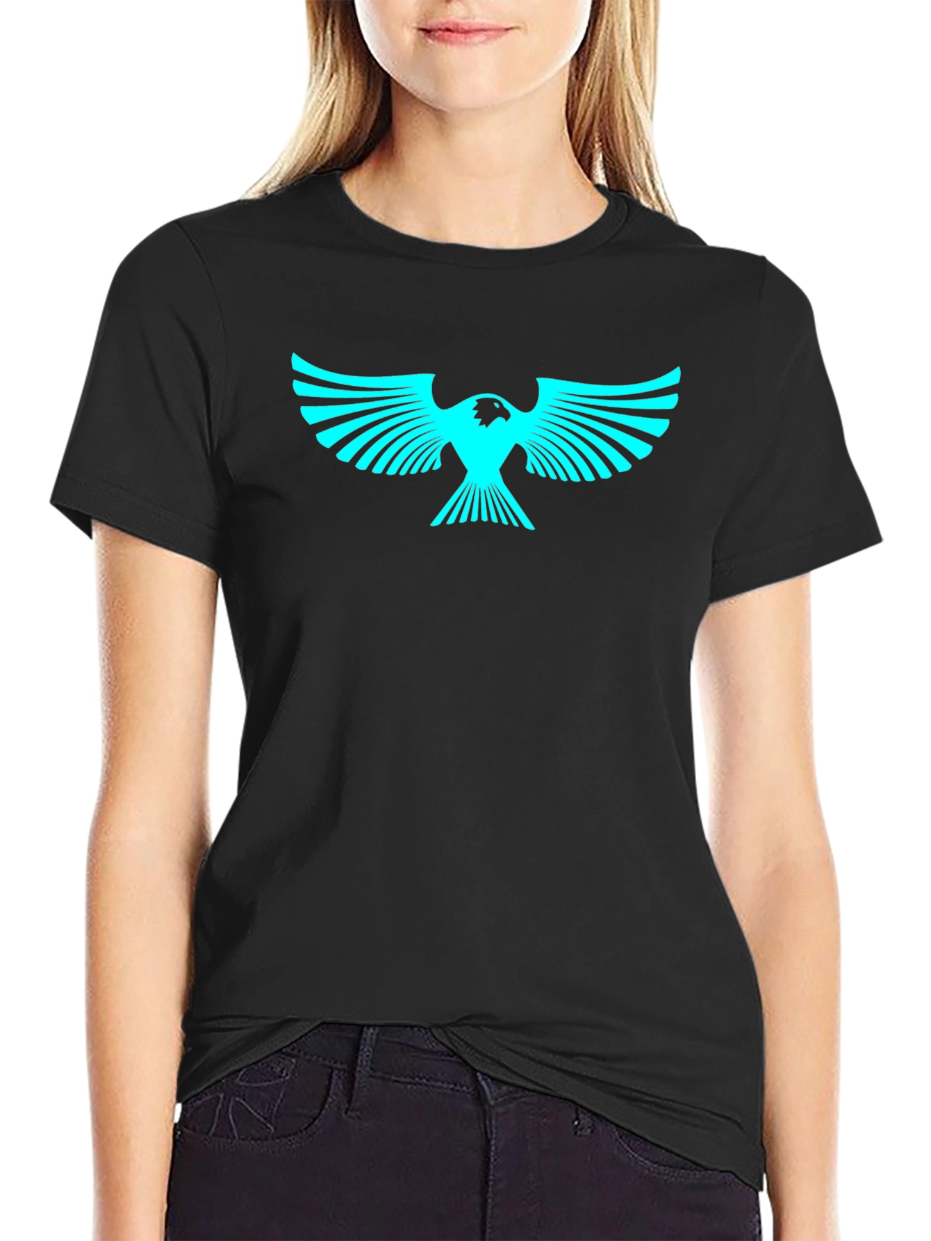 Cool Graphic Tee: Cyan Eagle on Black