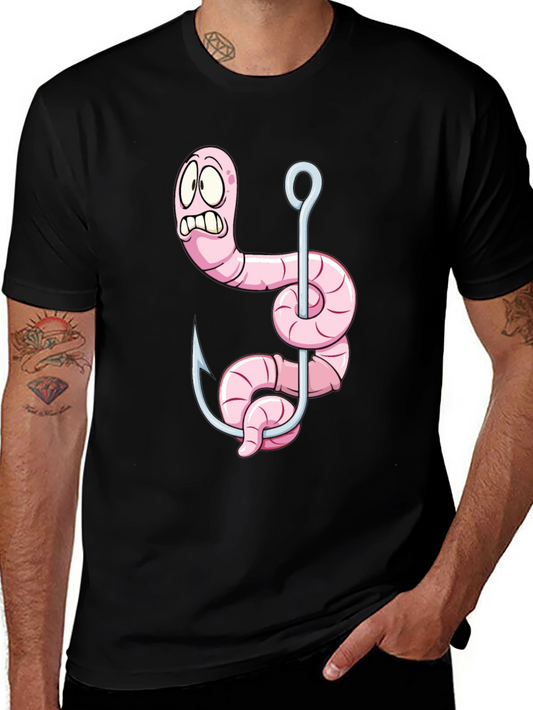 Cartoon Worm Fishing Hook Graphic Tee - Black Cotton T-Shirt