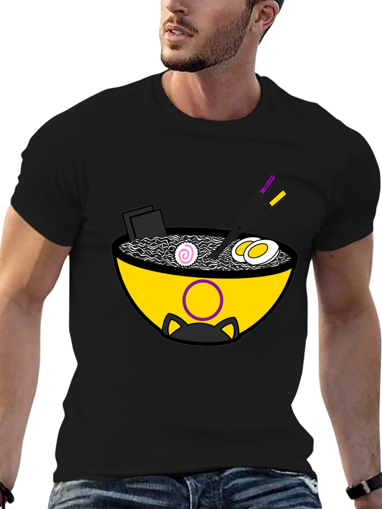 Ramen Cat Graphic Tee - Unisex Black T-Shirt