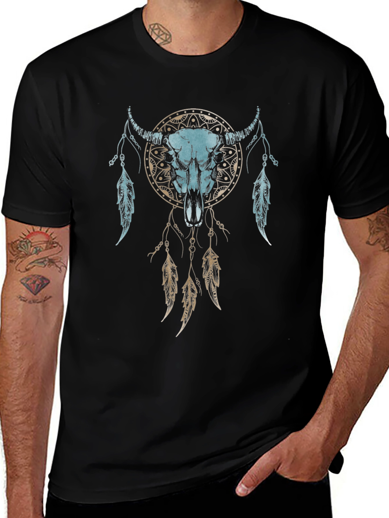 Dreamcatcher Bull Skull Graphic Tee - Unisex Black T-Shirt