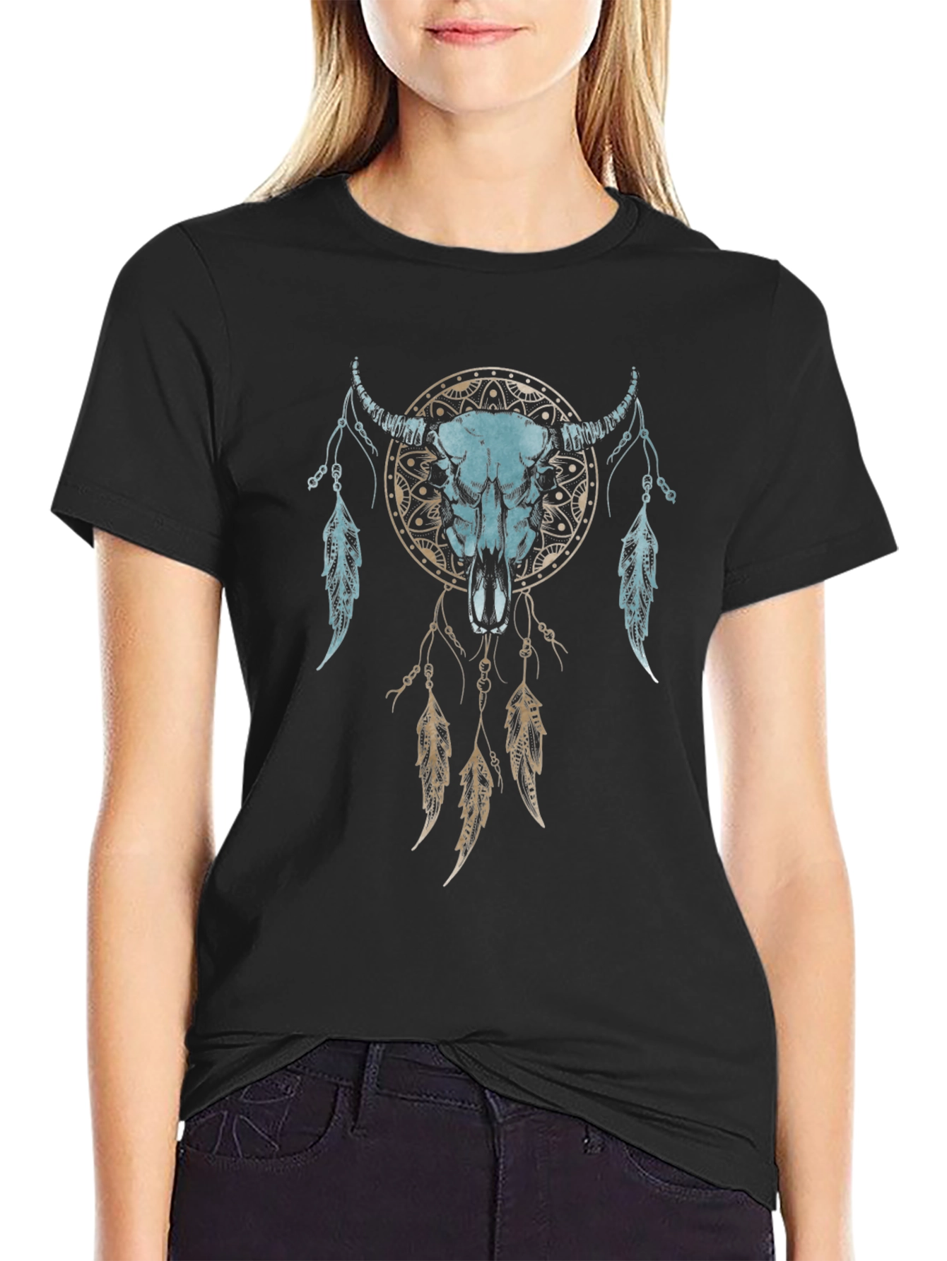 Dreamcatcher Bull Skull Graphic Tee - Unisex Black T-Shirt