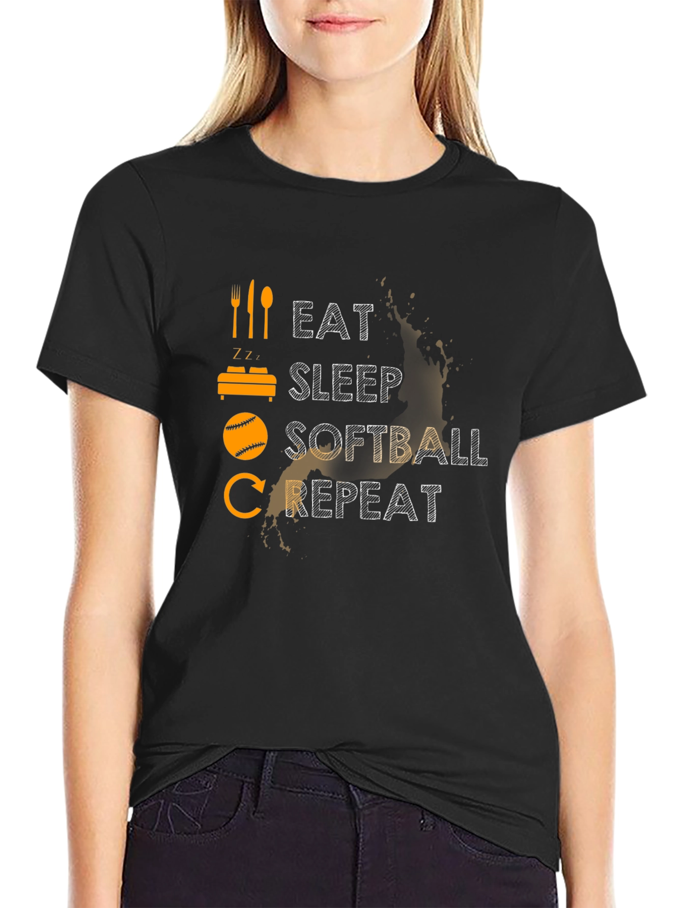 Eat Sleep Softball Repeat T-Shirt - Black Cotton Tee