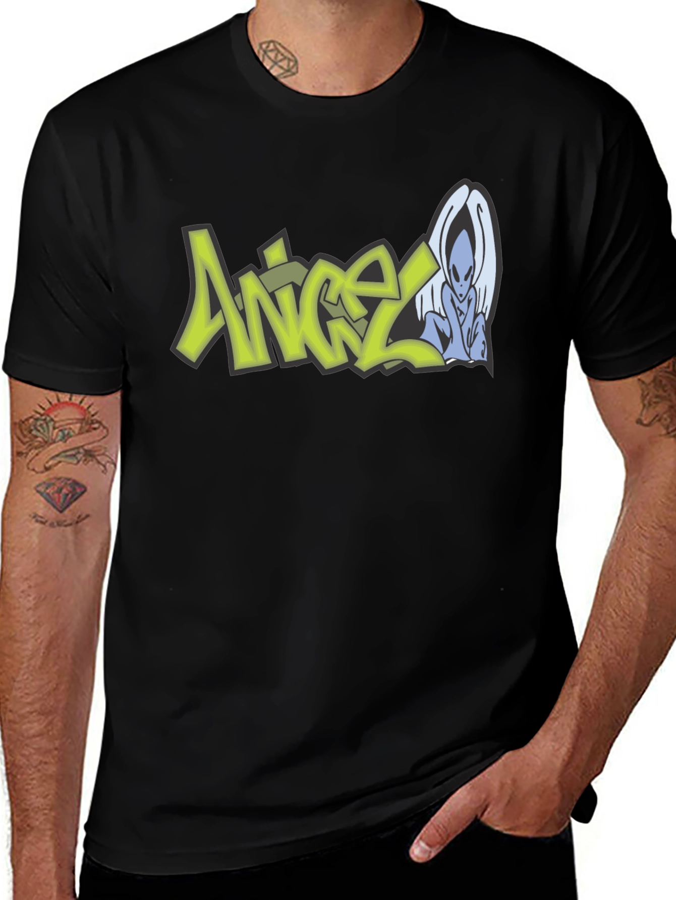 Angel Alien Graphic Print Black T-Shirt