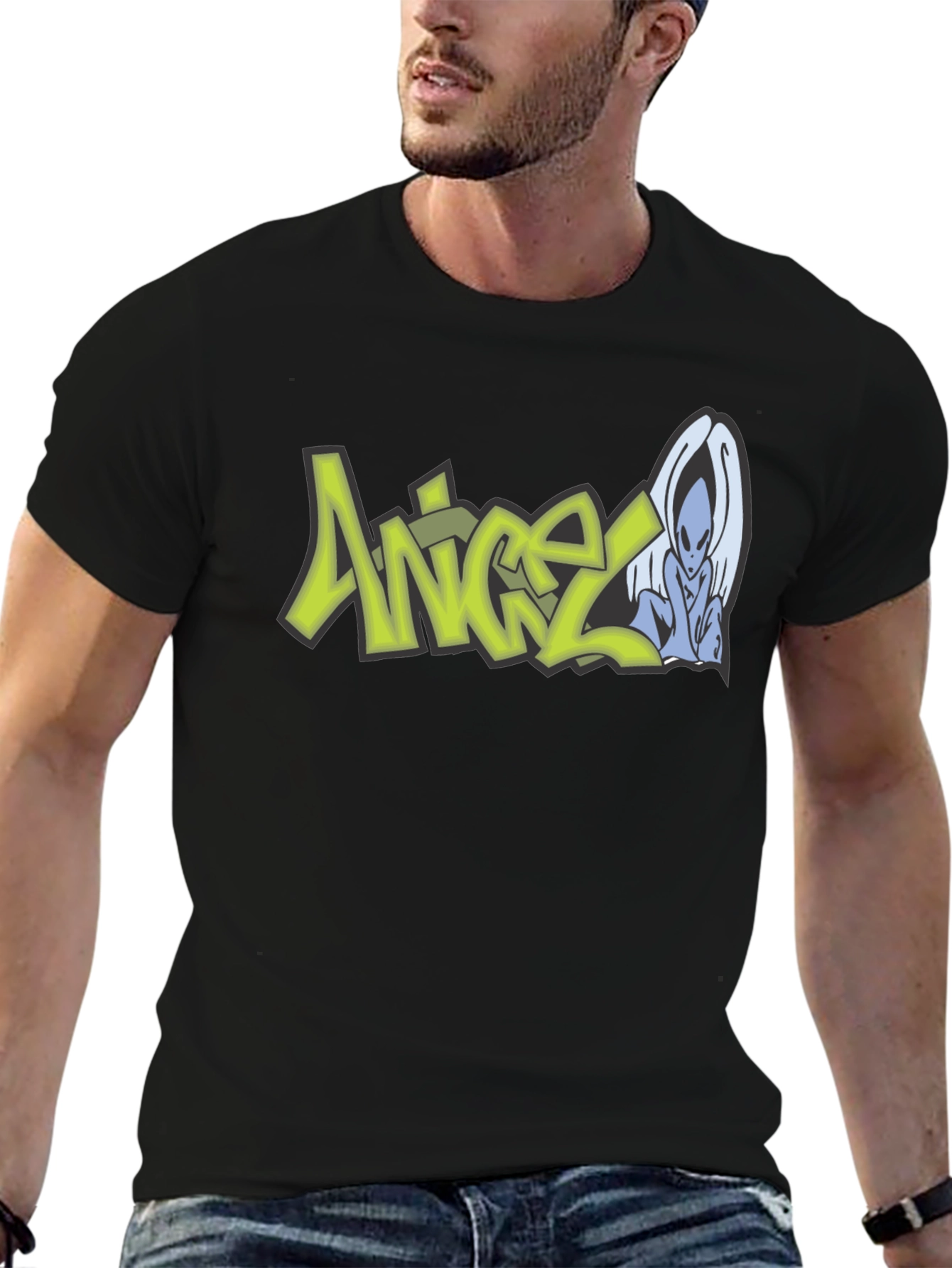 Angel Alien Graphic Print Black T-Shirt
