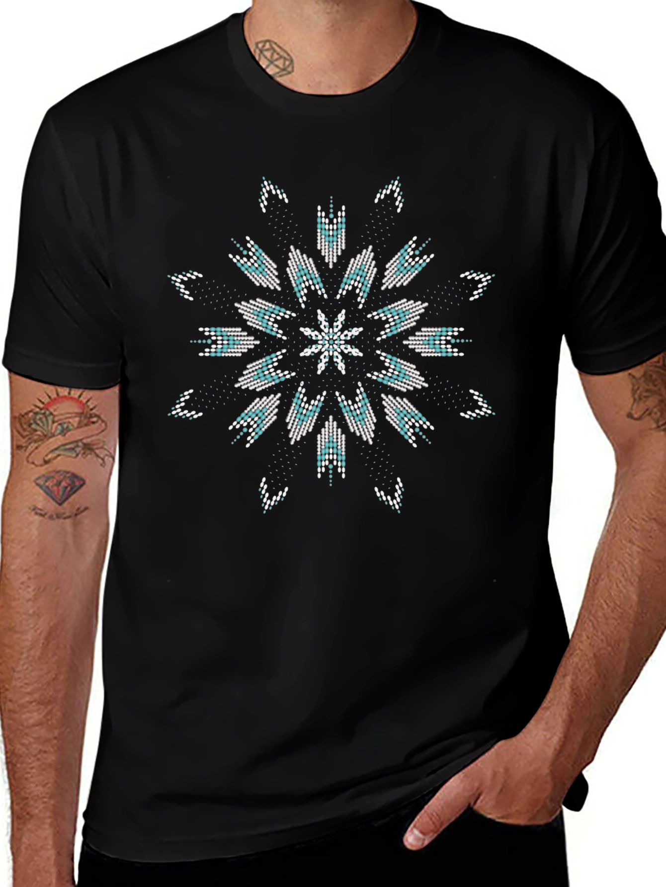 Geometric Beaded Design Black T-Shirt