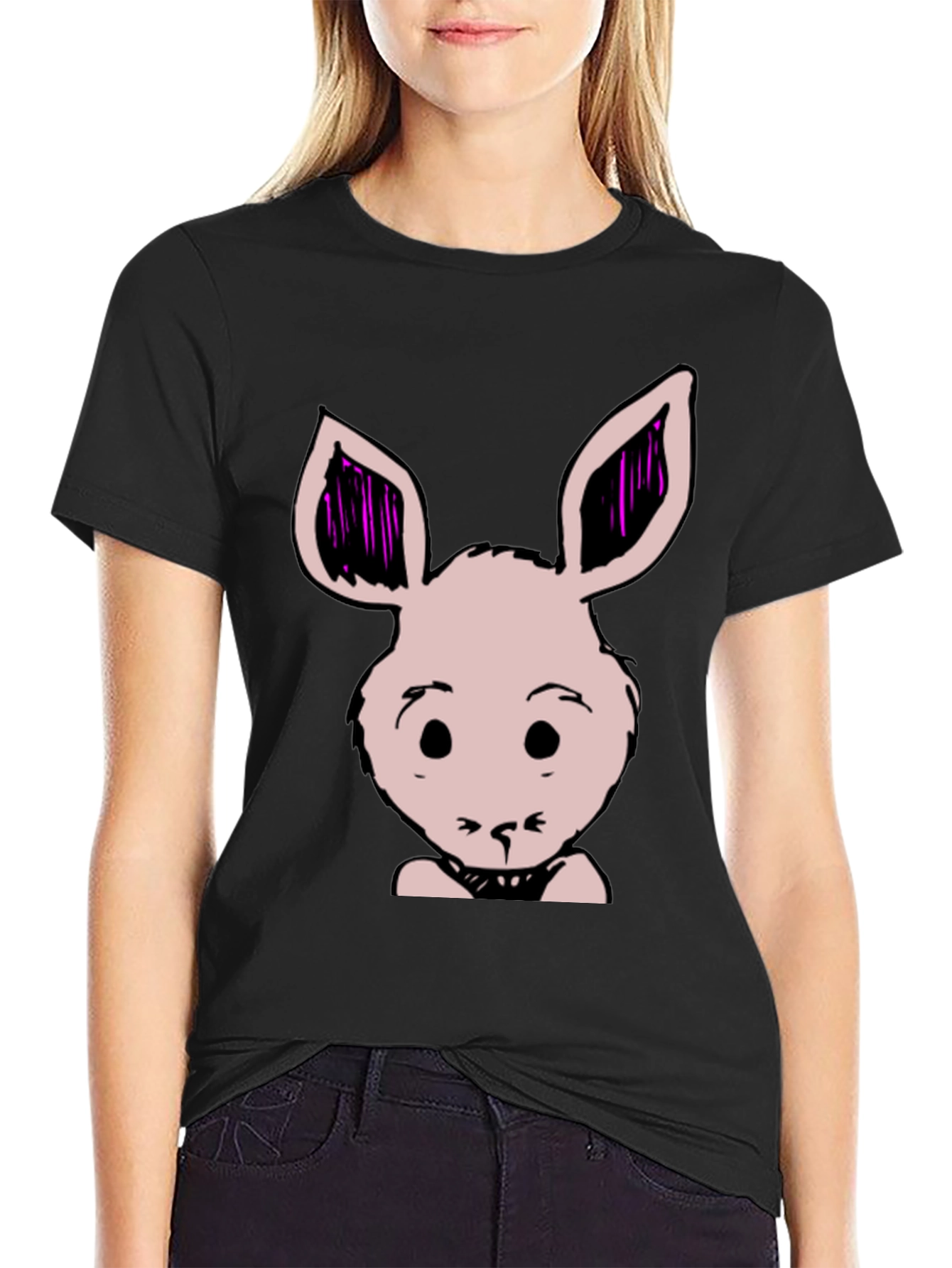 Bunny Graphic Tee - Black Cotton Blend Casual T-Shirt