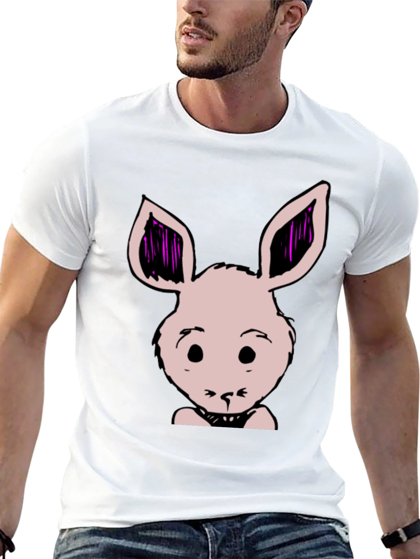 Bunny Graphic Tee - Black Cotton Blend Casual T-Shirt