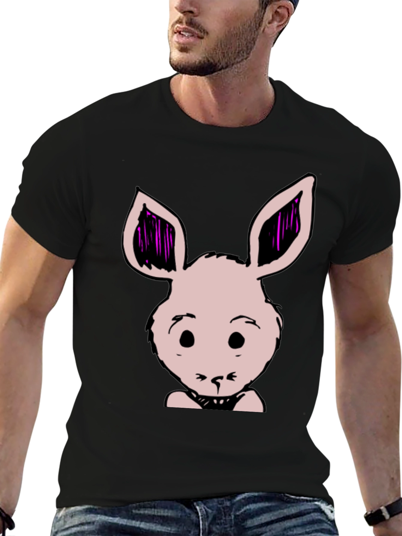 Bunny Graphic Tee - Black Cotton Blend Casual T-Shirt