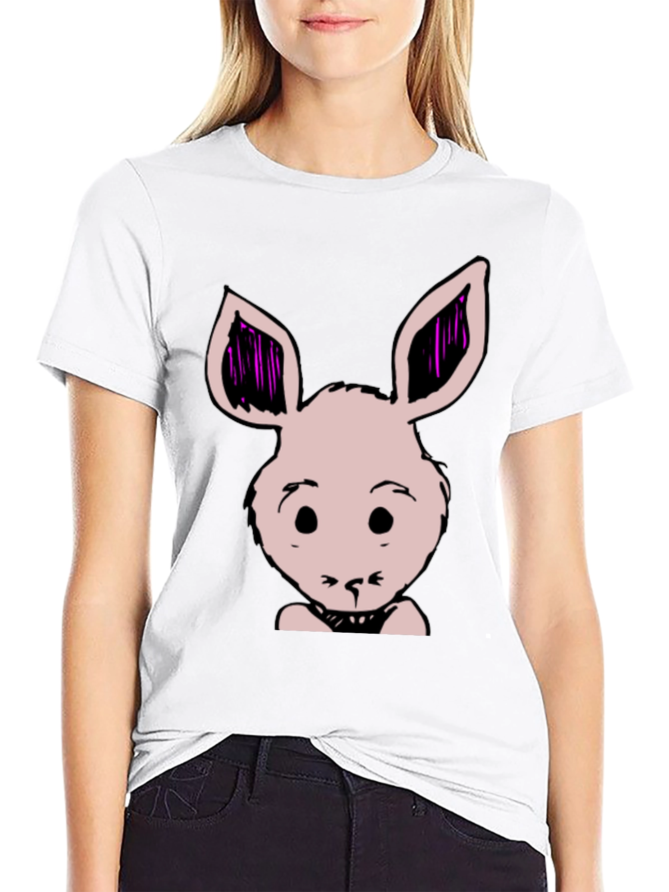 Bunny Graphic Tee - Black Cotton Blend Casual T-Shirt