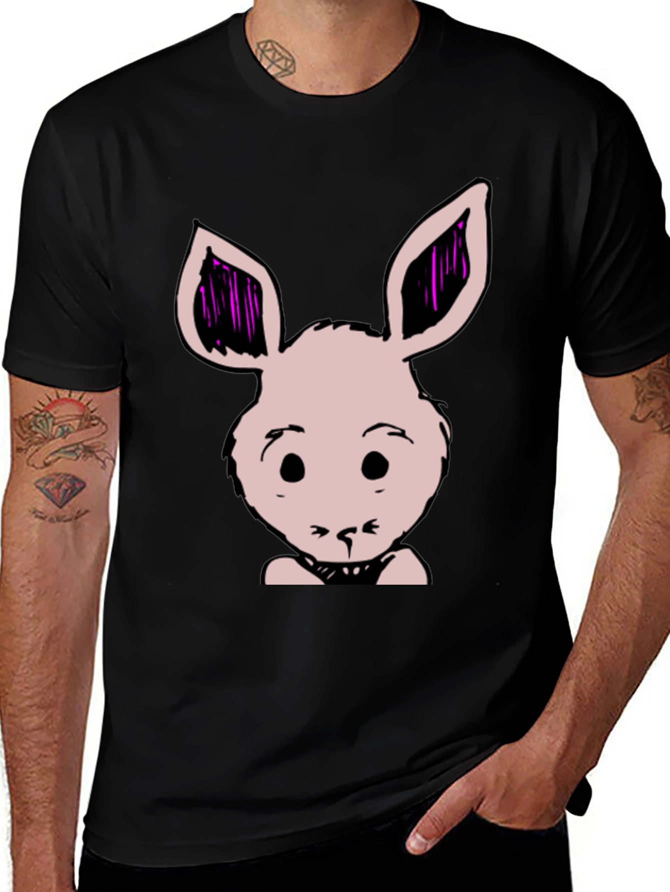 Bunny Graphic Tee - Black Cotton Blend Casual T-Shirt