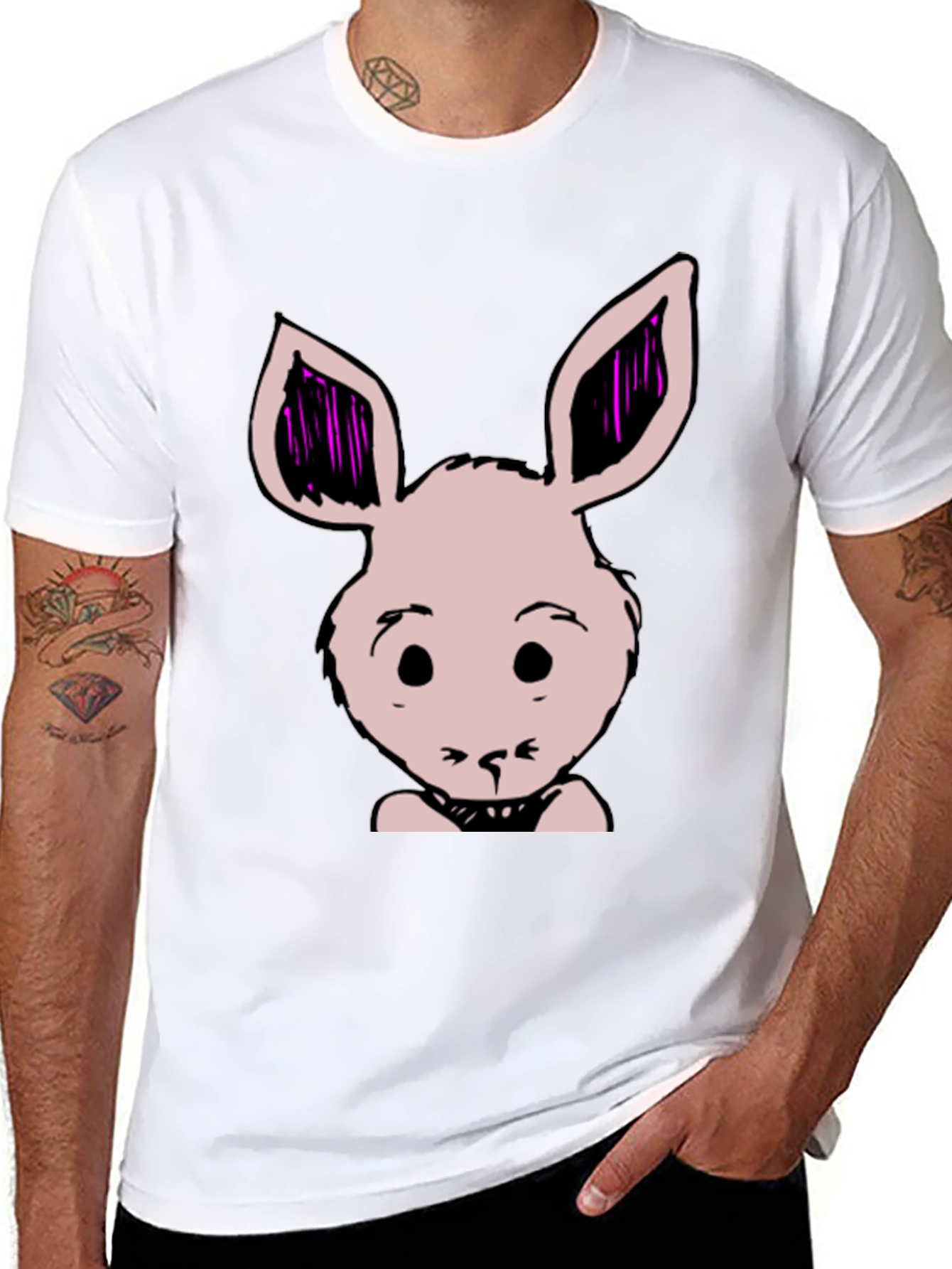 Bunny Graphic Tee - Black Cotton Blend Casual T-Shirt